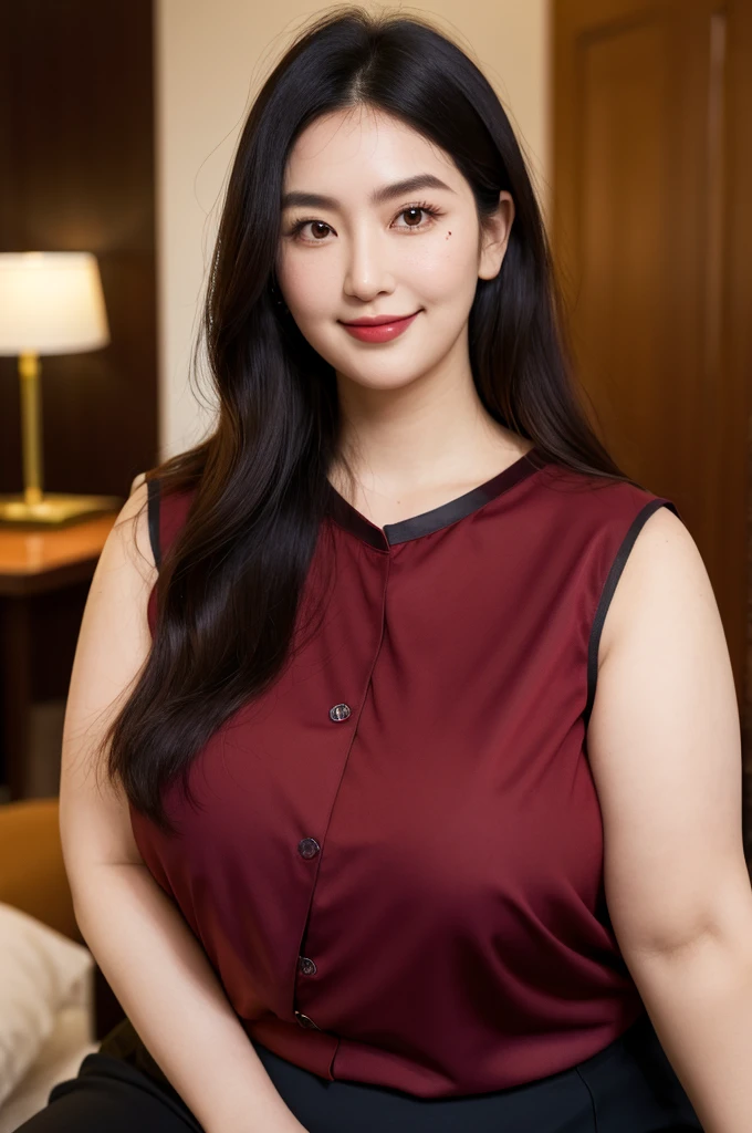 ,(dark red blouse,sleeveless:1.3),arms-baring,thick arm,single mole on cheek,tender face,black hair,voluminous hair,unkempt hair,curvy tall woman,27 years old,(fair skin:1.3),(tareme),plump oval face,light makeup,sitting in hotel,blushed and smile,thin eyeblow,