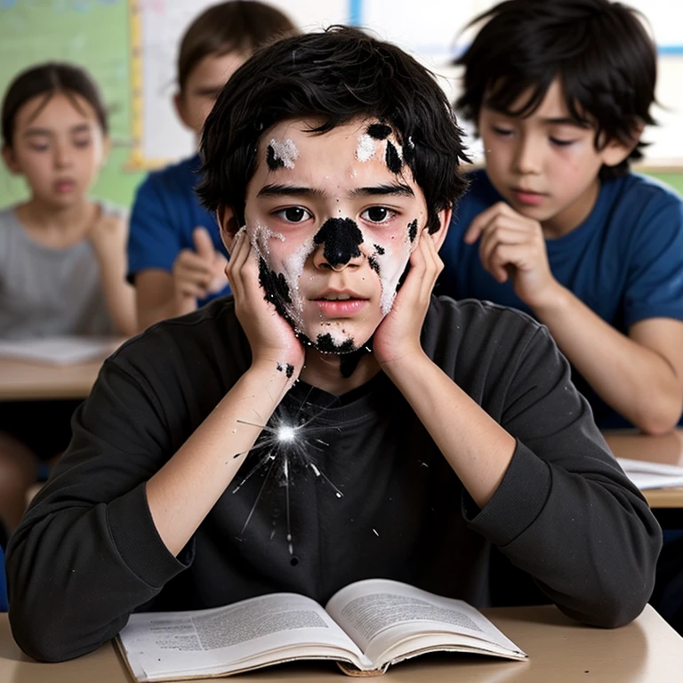 A boy is covered in soot after his teacher explodes during class