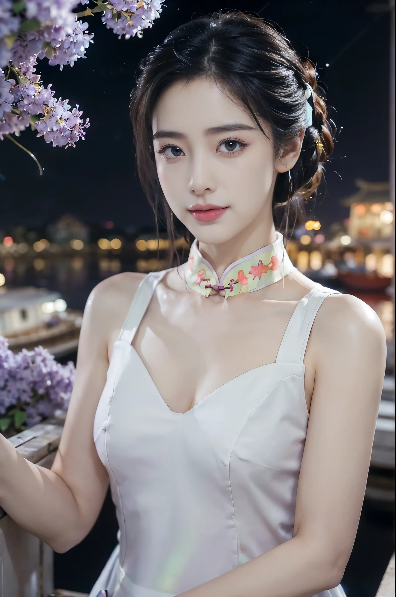 ((((8k))),((Extremely meticulous CG)) ,(wallpaper),16k,((Extremely refined and beautiful)),(((Masterpiece))),(((best qualtiy))),(((Ultra High Resolution))),beautiful light up,Perfect lightning,realistic shaded,(Smooth and flawless skin:1.5),(Extremely exquisite facial details:1.2),(perfect body:1.2),(ultra-detailed),((A beautiful girl,solo)),(small head:1.2),(pale skin:1.3),(medium straight bob hair:1.2),(small face:1.2),(baby face:1.3),(Exquisite makeup:1.2),(blush:1.3),(small breasts:1.2),(flat chests:1.2),((slim,thin)),(laughing:1.2),(smiling:1.2),(floral cheongsam:1.5),(cleavage:1.3),(outdoor:1.2),(early summer:1.3),(detailed background:1.5),(standing:1.3),(close-up of face:1.3),(from front:1.3),(in Chinese ancient water town Full of purple lilacs blooming:1.5),(on a boat:1.5),(on the river:1.3),(night scene:1.5),(starry sky:1.3),(houses with white walls and black tiles:1.2),(neon lights:1.2)
