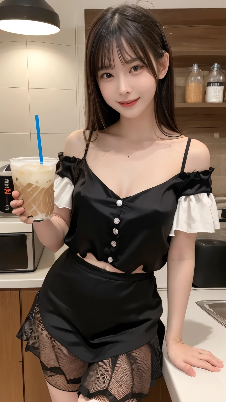 top-quality,fullbody shot,,super high resolution,(Realistic:1.4),Raw photography,
Girl in milk tea shop, waving hello, smiling, opening her mouth, drinking milk tea, rosy blush, round, cute, delicate facial features, slightly fat, messy long hair, huge breast weight, (off-the-shoulder_suspender_vest, sexy), (maid miniskirt), (fishnet black silk long legs_reflective), (shuo bottled _straw_bubble tea), edible, bright, les screen, mirror_glass counter, milk tea machine, movie light, neon light, highlight, macro overlook, bent over