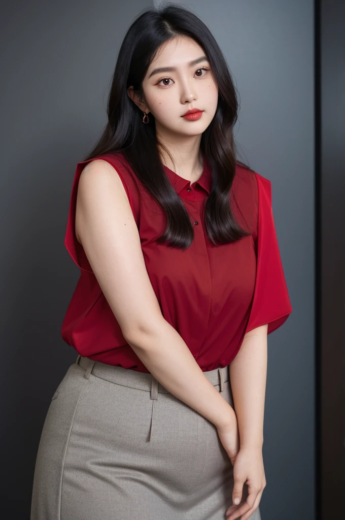 ,(dark red blouse,sleeveless:1.3),arms-baring,thick arm,single mole on cheek,tender face,black hair,voluminous hair,unkempt hair,curvy tall woman,27 years old,(fair skin:1.3),(tareme),plump oval face,light makeup,standing,
