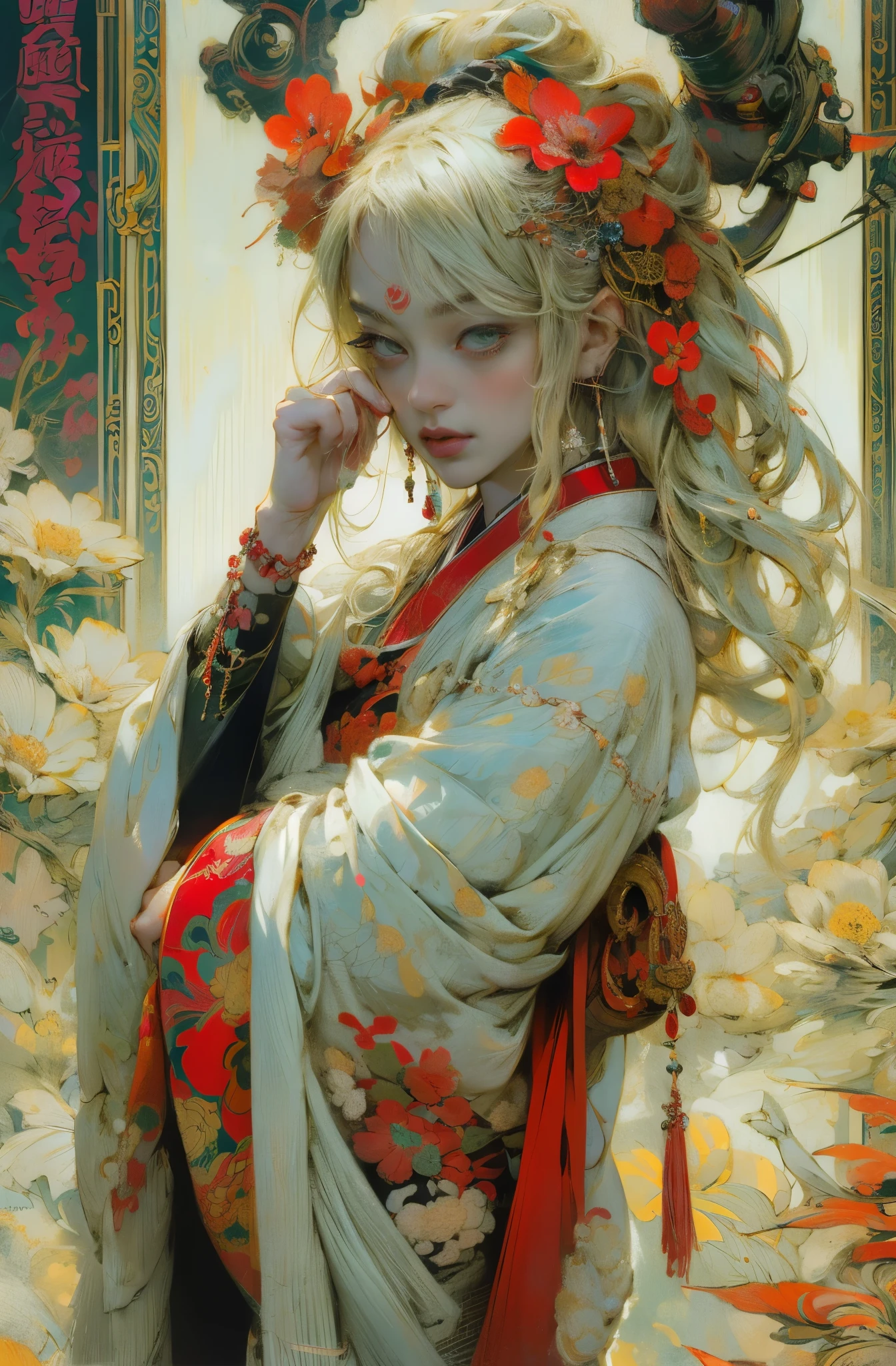 美しいOiranの絵, Beautiful blonde woman, Very stylish, Strike Pose, Fashion Model, A fusion of East and West, Yves Saint Laurent,Luxury fashion magazine cover, Lostrun 8k, Lost Strand Style, Lost Strand Style, rossdraws Global Illumination, By Ignatius Zuloaga, Beeple and James Jean, Inspired by Ross Tran, Cyberpunk Geisha, Cyberpunk art style, Cyberpunk horror style, wonderfulデジタルイラスト, Cyberpunk Style ,Surreal, Beautiful red kimono, Oiran, The highest ranking prostitute, Ghost Girl, Female Yakuza, Inspired by Chen Yifei, Works that influenced Francesco Hayes, Inspired by Hendrik Terbruggen, Jean=Works that influenced Auguste Dominique Ingres, Inspired by Liu Jun, Jean=Works that influenced Auguste Dominique Ingres, highest quality, The perfect angle, Perfect composition, Best Shot, Official Art, Cinematic Light, Figurative art, Beautiful and expressive paintings, Beautiful artwork illustration, wonderful, Cool Beauty, clear, Mysterious, highest quality, Official Art, Perfect composition,The perfect angle, Best Shot, Female Solo, Sharp contours, pretty much beautiful face, Five fingered hand, demon of kyoto, Full Body Tattoo, wide, Rashomon, Close-up