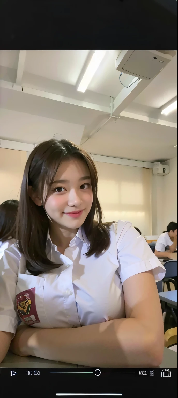 there is a woman sitting at a table in a classroom,naked, anime thai girl, student, 8k selfie photograph, taken with sony alpha 9, wearing , girl wearing uniform, shot on nikon z9, with kind face, selfie shot straight on angle, taken with the best dlsr camera, slight cute smile, wearing a , standing in class, (((((large breasts)))))