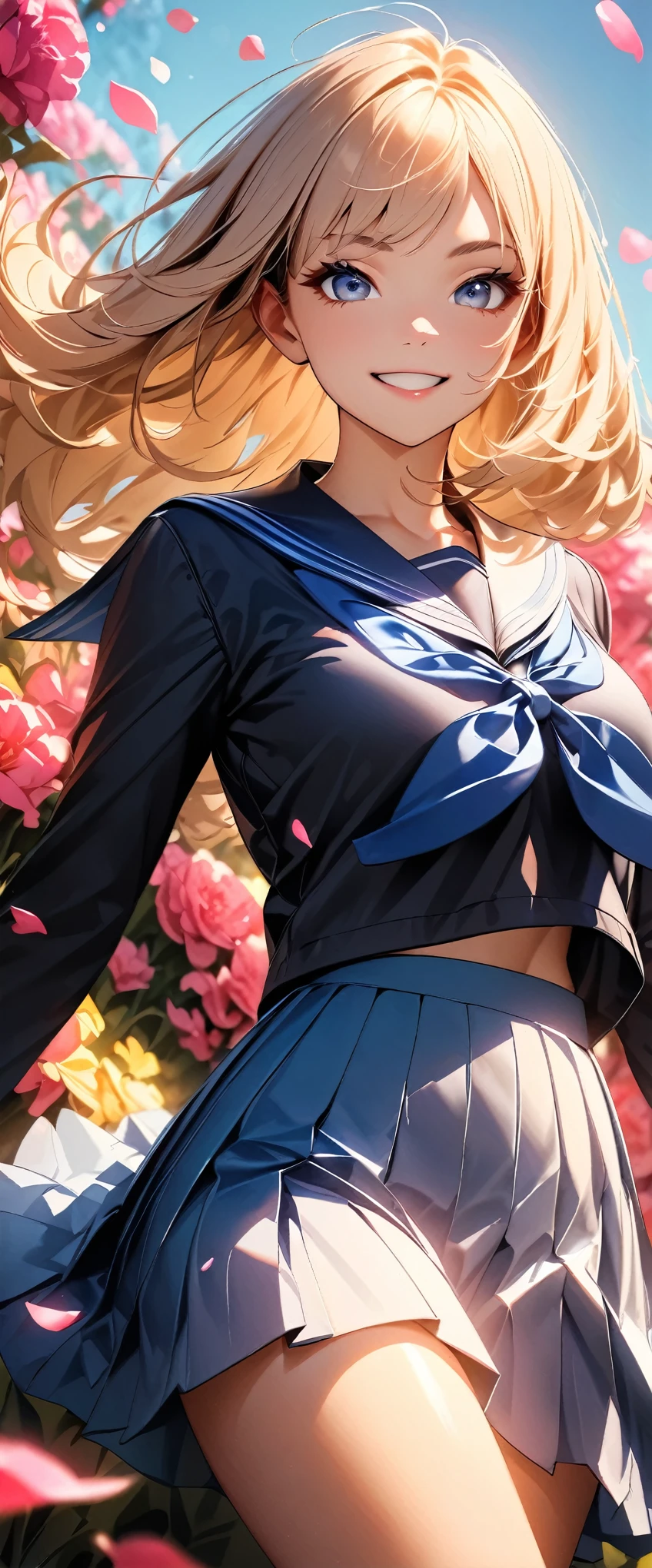 (highest quality:1.2, Very detailed, Latest, Vibrant, Ultra-high resolution, High Contrast, masterpiece:1.2, highest quality, Best aesthetics), (((1 girl))), Beautiful school girl, Sailor suit, smile, Random Action, Dynamic pose, Dutch Angle, (Beautiful fingers), Cowboy Shot, Flower field background, Petals flutter, Realistic eyes, Long eyelashes, Focus on face details, A rich expression