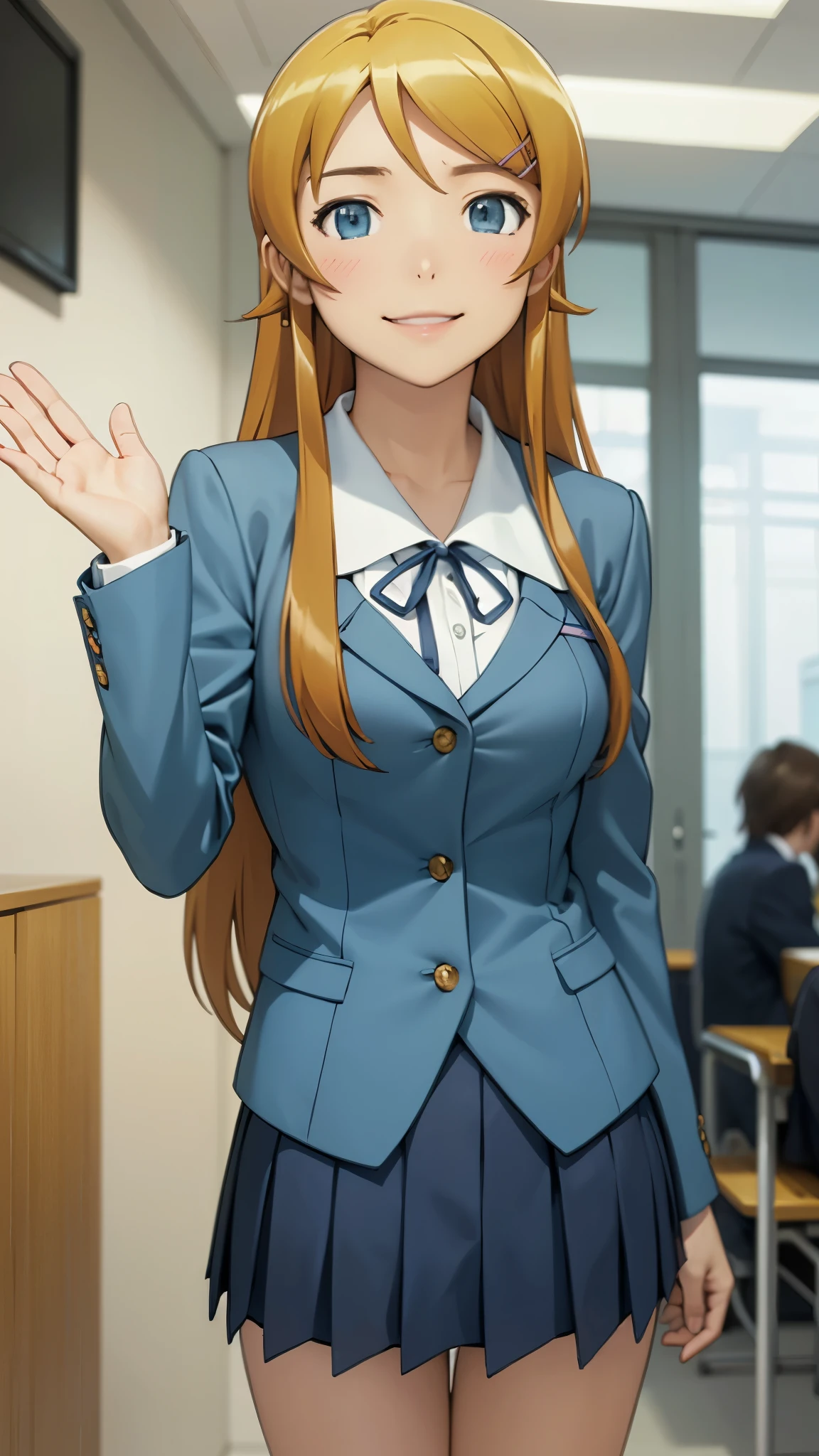 Masterpieces, best quality, hight details, (kousaka kirino), student uniform, she waved her hand and smile,