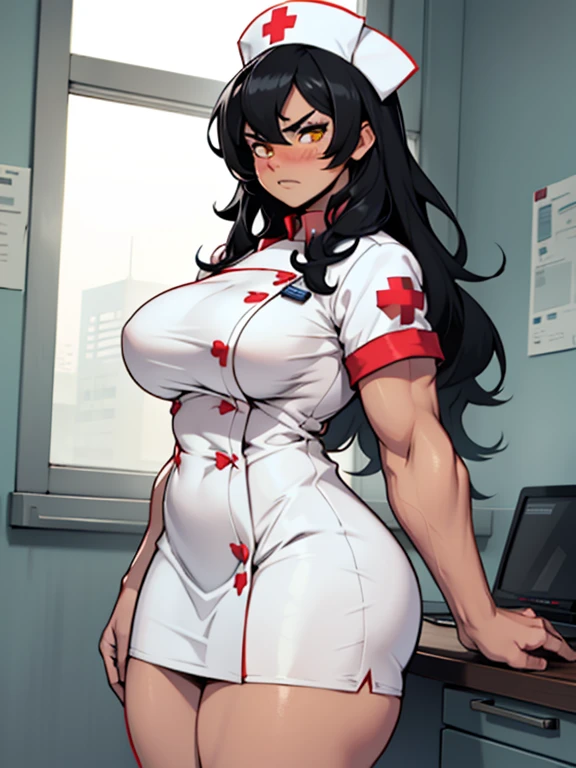 1girl solo black hair yellow eyes very long hair pale skin muscular muscular muscular muscular toned body huge muscles thick thighs girl angry blushing thick thick thick nurse red nurse uniform
