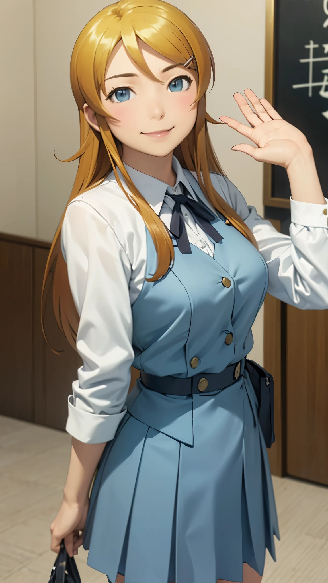 Masterpieces, best quality, hight details, (kousaka kirino), student uniform, she waved her hand and smile,