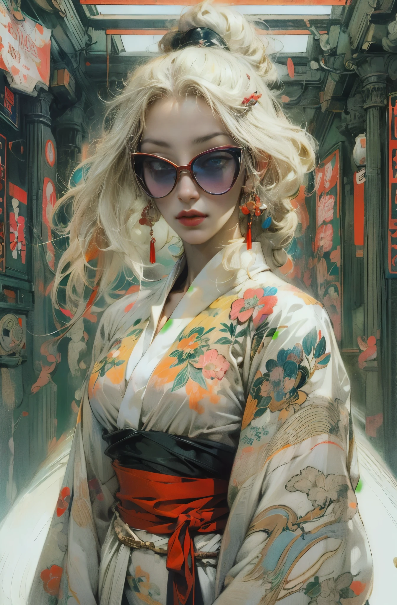 美しいOiranの絵, Grey hair and sunglasses、Beautiful blonde woman, Very stylish, all, Fashion Model, Luxury fashion magazine cover, Lostrun 8k, Lost Strand Style, Lost Strand Style, rossdraws Global Illumination, By Ignatius Zuloaga, Beeple and James Jean, Inspired by Ross Tran, Cyberpunk Geisha, Cyberpunk art style, Cyberpunk horror style, wonderfulデジタルイラスト, Cyberpunk Style ，Surreal, Beautiful red kimono, Oiran, The highest ranking prostitute, Ghost Girl, Female Yakuza, Inspired by Chen Yifei, Works that influenced Francesco Hayes, Inspired by Hendrik Terbruggen, Jean＝Works that influenced Auguste Dominique Ingres, Inspired by Liu Jun, Jean＝Works that influenced Auguste Dominique Ingres, highest quality, The perfect angle, Perfect composition, Best Shot, Official Art, Cinematic Light, Figurative art, Beautiful and expressive paintings, Beautiful artwork illustration, wonderful, Cool Beauty, clear, Mysterious, highest quality, Official Art, Perfect composition,The perfect angle, Best Shot, Female Solo, Sharp contours, pretty much beautiful face, Five fingered hand, demon of kyoto, Full Body Tattoo, wide, Rashomon, Close-up