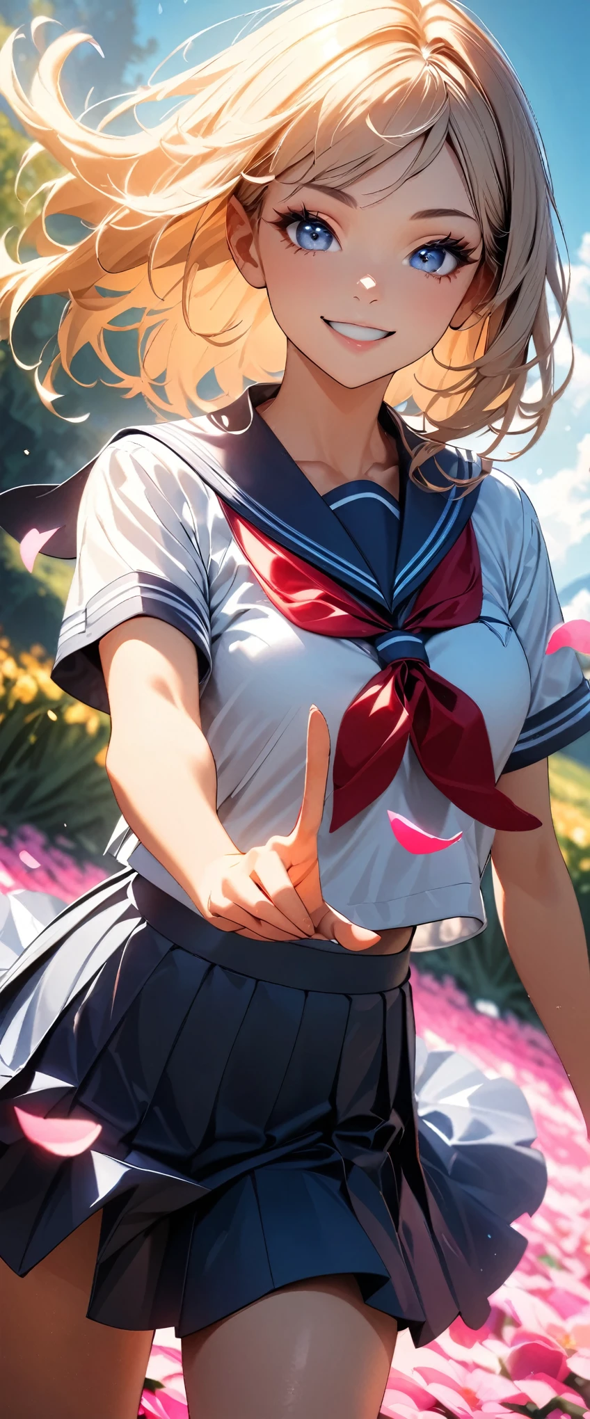 (highest quality:1.2, Very detailed, Latest, Vibrant, Ultra-high resolution, High Contrast, masterpiece:1.2, highest quality, Best aesthetics), (((1 girl))), Beautiful school girl, Sailor suit, smile, Random Action, Dynamic pose, Dutch Angle, (Beautiful fingers), Cowboy Shot, Flower field background, Petals flutter, Realistic eyes, Long eyelashes, Focus on face details, A rich expression