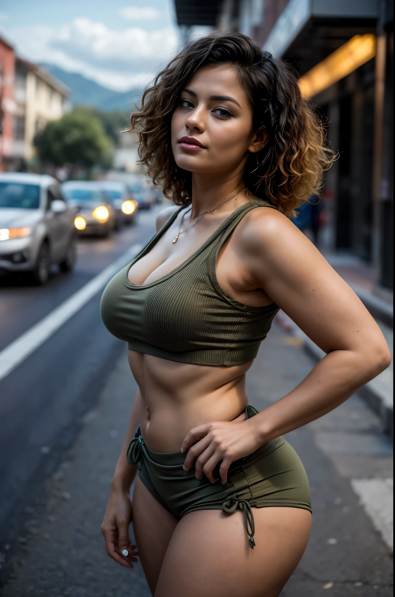 A Colombian mature curvy curly haired busty lady standing in the middle of traffic looking up at the solar eclipse dressed in ripped  tattered booty shorts  and a olive green  crop top tied in the front realistic 