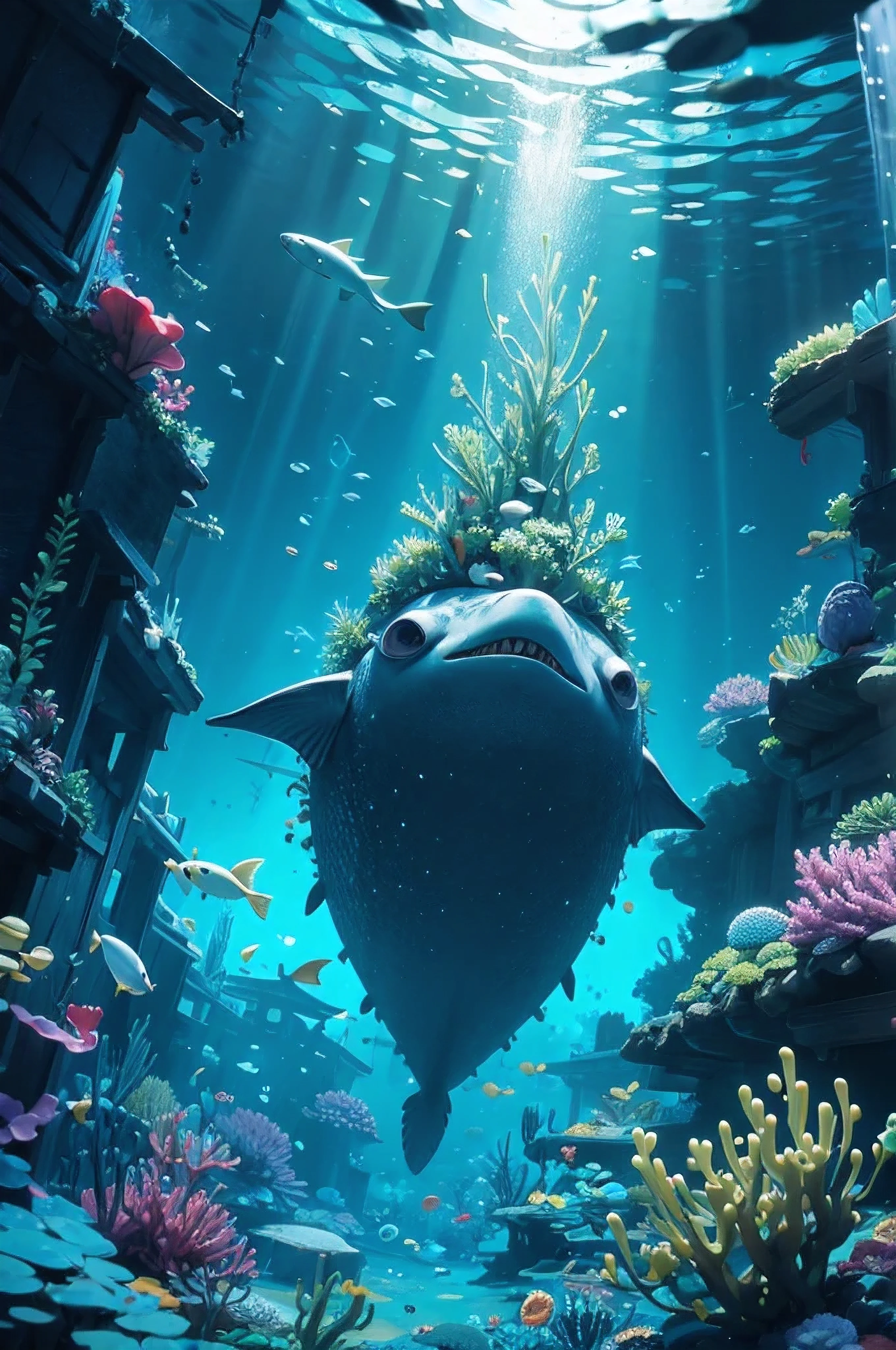 8k ,masterpiece , Under the sea, the dark ocean, Underwater history ,monster fish,Big one