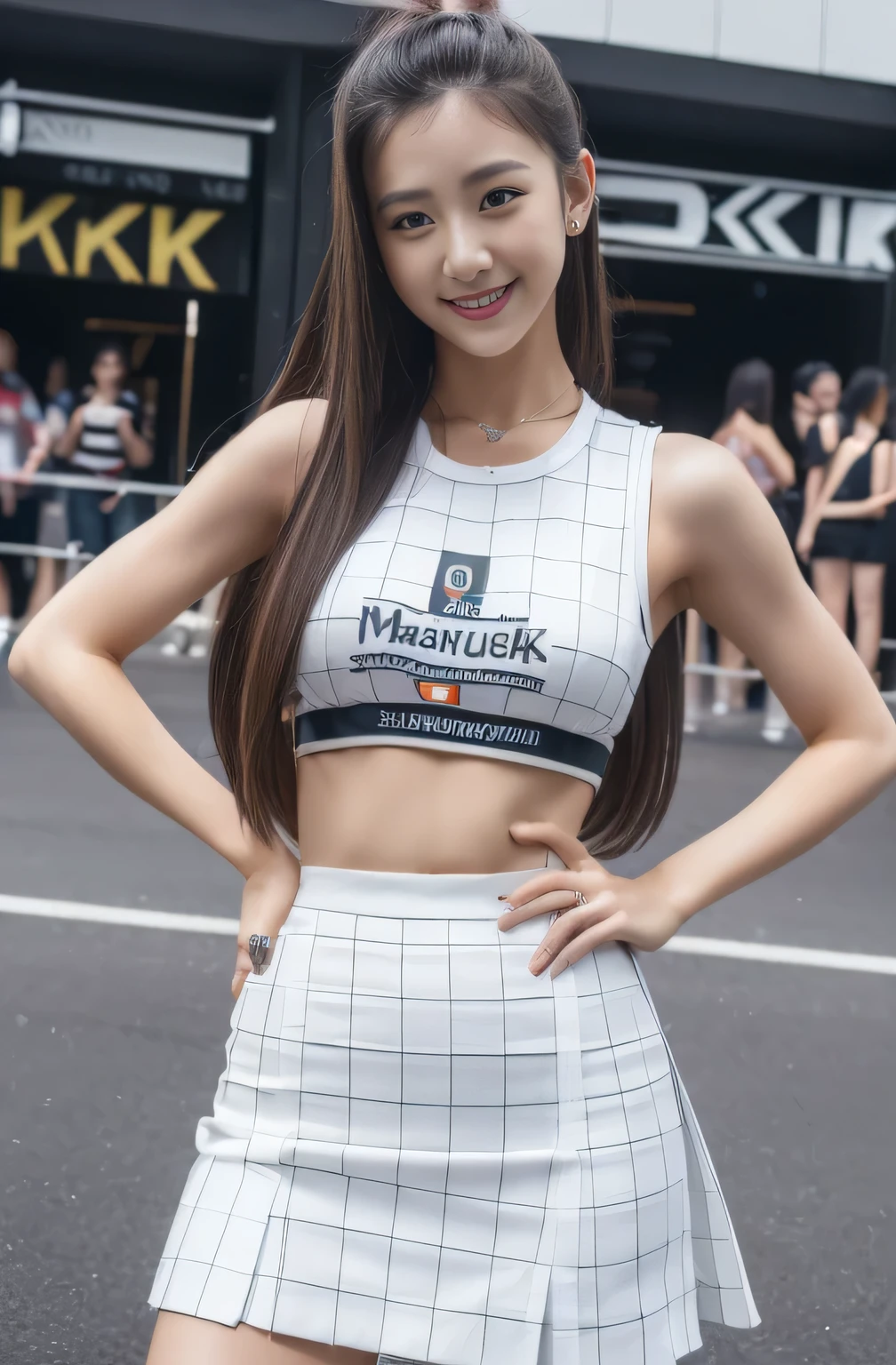 ((highest quality、In 8K、masterpiece:1.3))、Grid Girls、Race Queen、Belly piercing、Beautiful arms、Skirt with slits
