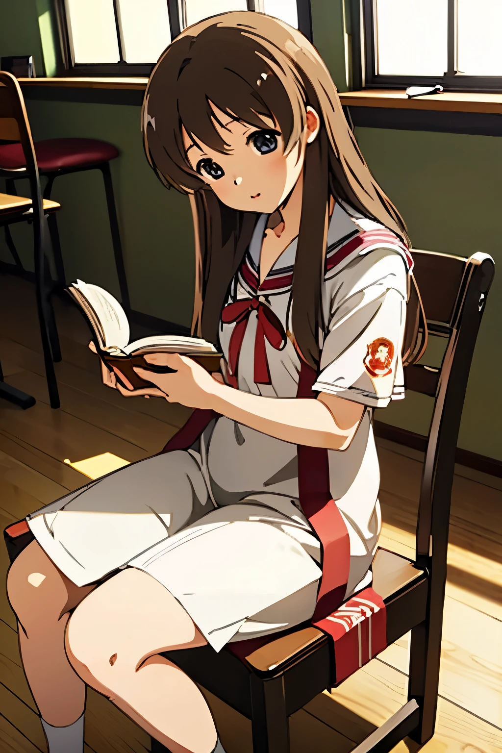 masterpiece, best quality, hight details, (miyazawa yukine), indoor, sitting on a chair and read a book, student uniform,