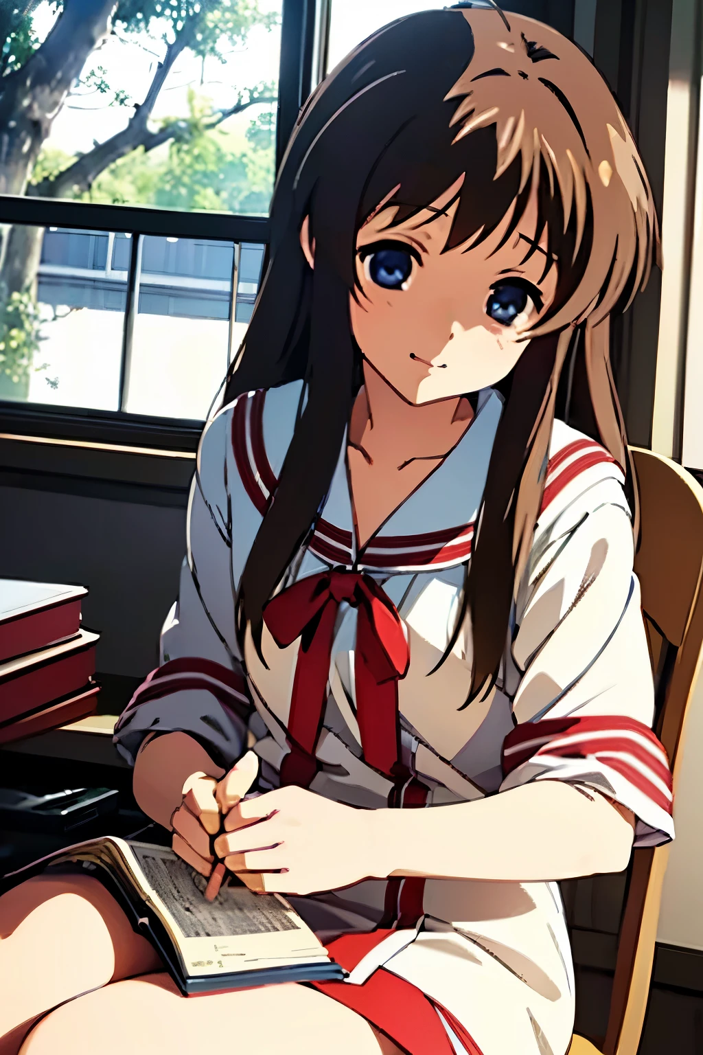 masterpiece, best quality, hight details, (miyazawa yukine), indoor, sitting on a chair and read a book, student uniform,