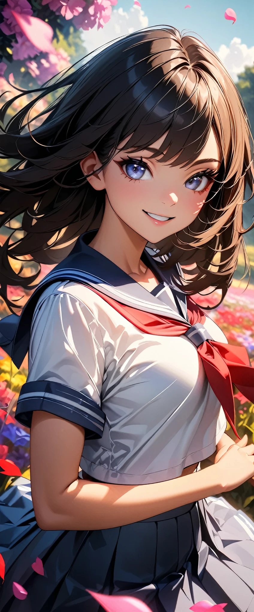 (highest quality:1.2, Very detailed, Latest, Vibrant, Ultra-high resolution, High Contrast, masterpiece:1.2, highest quality, Best aesthetics), (((1 girl))), Beautiful school girl, Sailor suit, smile, Random Action, Dynamic pose, Dutch Angle, (Beautiful fingers), Cowboy Shot, Flower field background, Petals flutter, Realistic eyes, Long eyelashes, Focus on face details, A rich expression