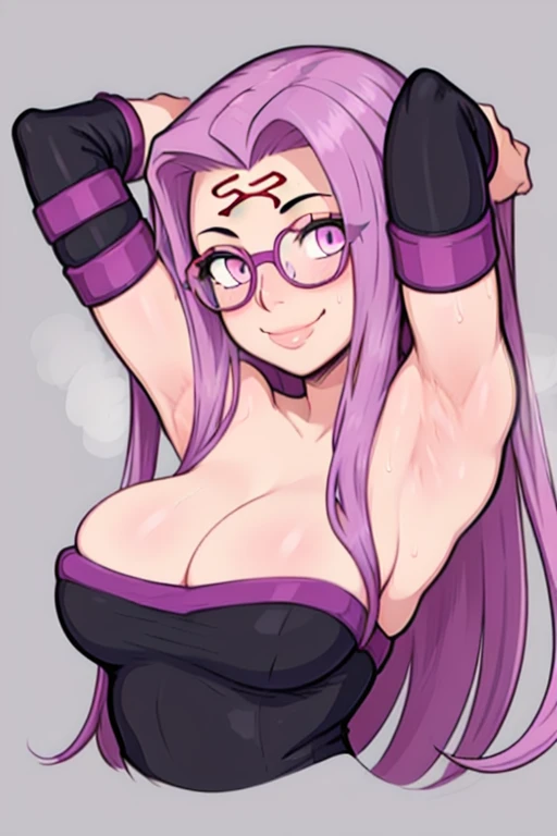 masterpiece, best quality, looking at viewer, upper body, portrait, looking at viewer, seductive smile, put your hands behind your head, armpits, armpits visible, sweaty armpits, medusa, very large breasts, long purple hair, wearing business suit , no bra, wearing glasses, cum on her armpits