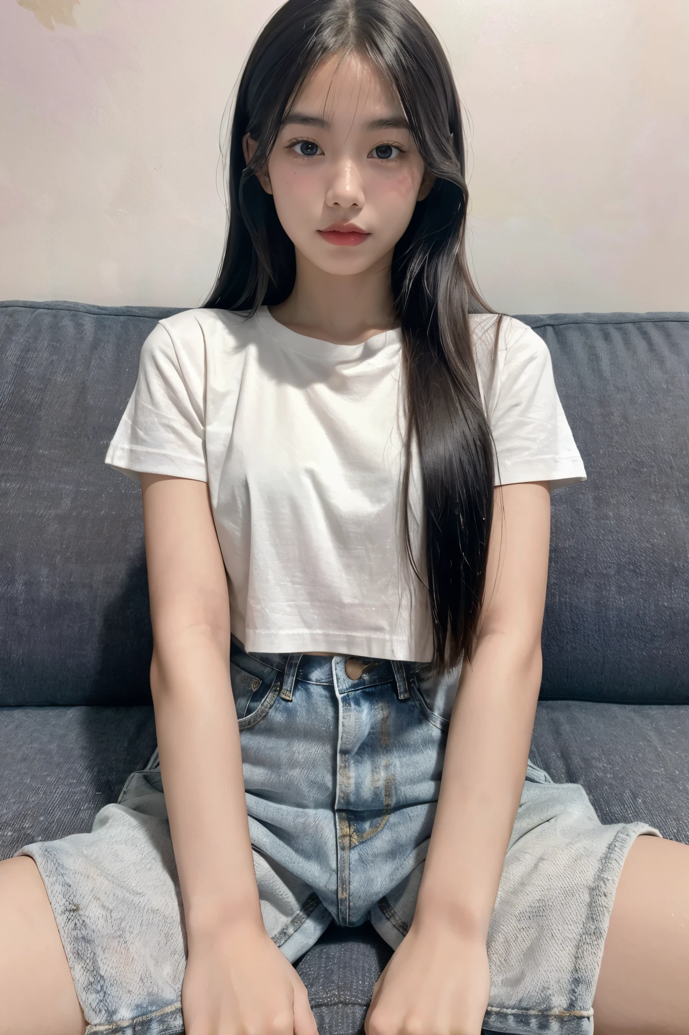 1girl,solo,best quality, masterpiece, 8k,raw photo, photo (object), extremely detailed, raw,realistic,sitting, looking at viewer,jeans,white t-shirt,long hair,black hair, couch,