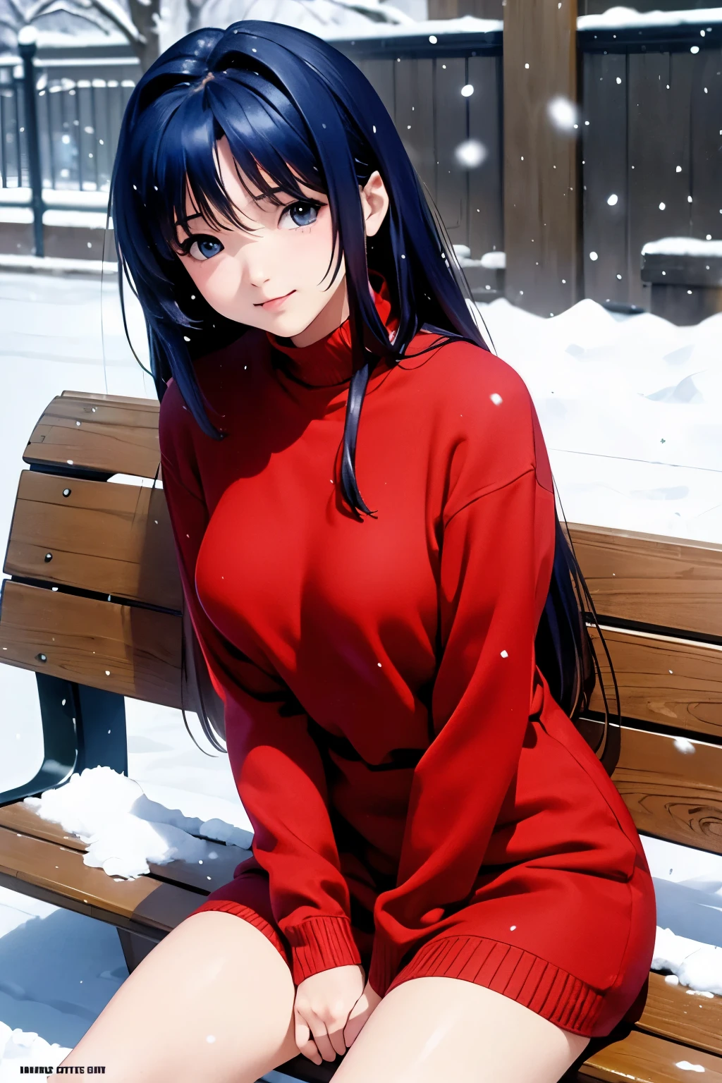 masterpiece, best quality, hight details, (minase nayuki), outdoor, It's snowing, she sit on a bench, she waits for someone, She wore a red sweater,