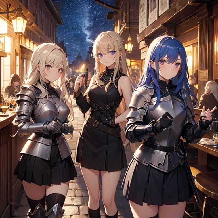 A group of young female knight, (in tavern), various hair styles, harem, wearing armored clothes, metal armor, night, details face, , short skirt, seducing, sword, sleeveless , night, starry night 