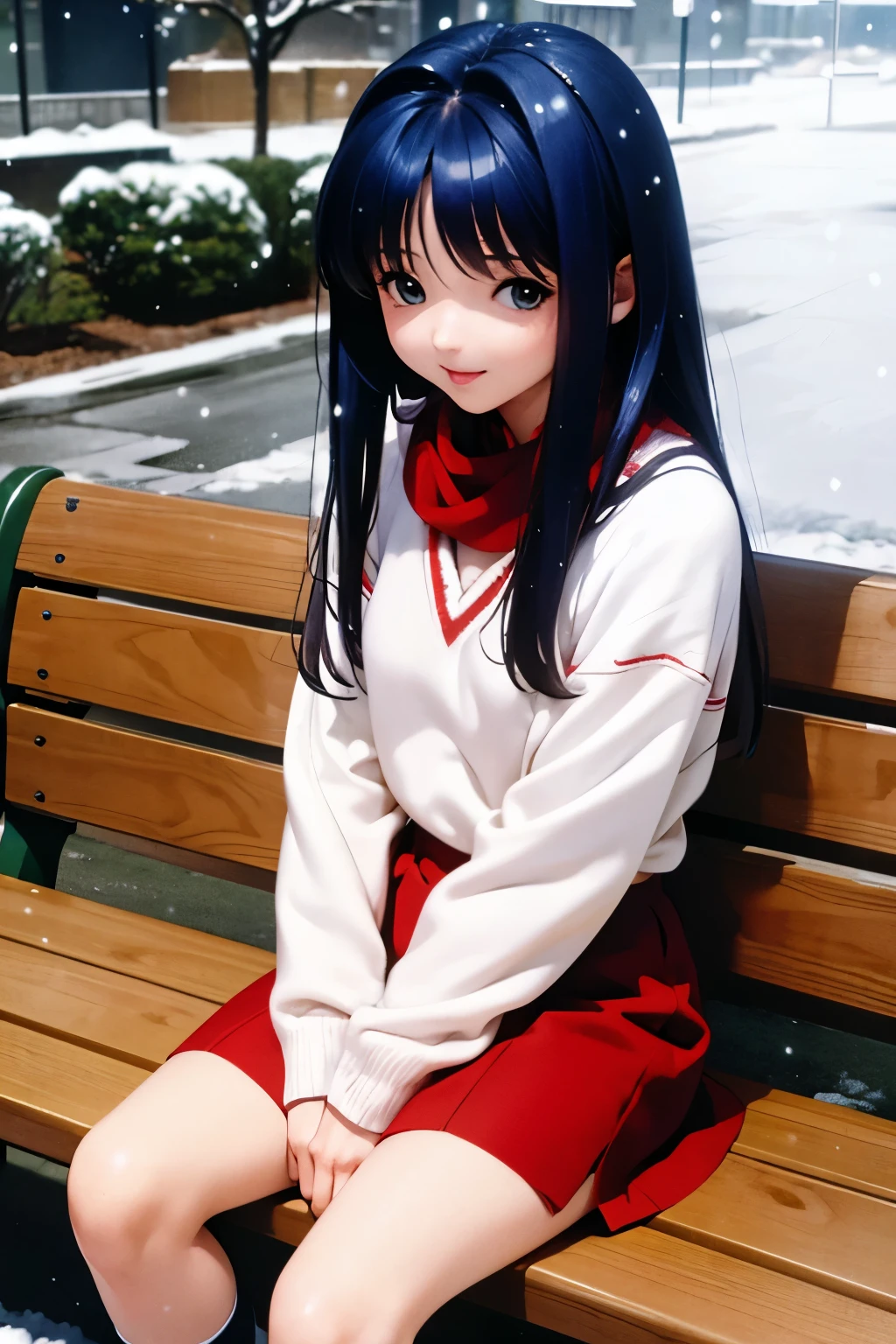 masterpiece, best quality, hight details, (minase nayuki), outdoor, It's snowing, she sit on a bench, she waits for someone, She wore a red sweater,