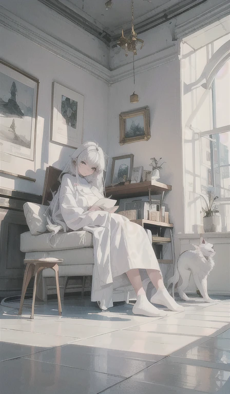 Artistic illustration: Relaxed character and white cat　A bright room with glass on all sides　417Hz