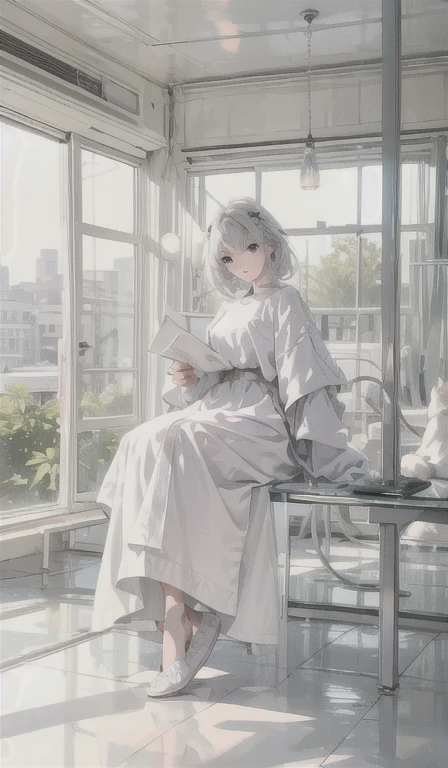 Artistic illustration: Relaxed character and white cat A bright room with glass on all sides 417Hz