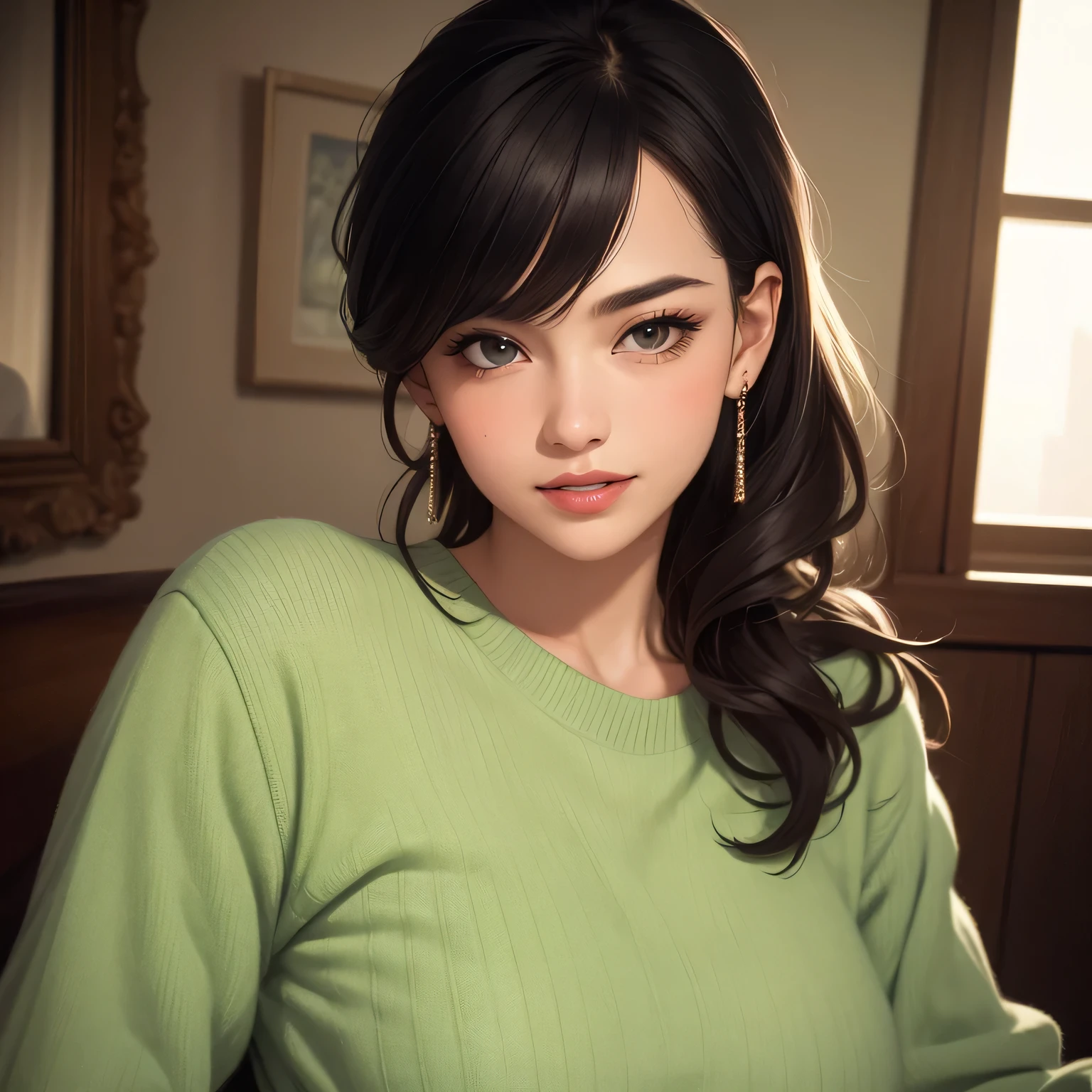(best quality,highres,masterpiece:1.2),ultra-detailed,(realistic,photorealistic,photo-realistic:1.37),portraits,vivid colors,beautiful detailed eyes,beautiful detailed lips,elegant pose,dark green sweater,cream cargo pants,long black hair,cute ponytail,soft lips,blushing intensely,smiling, seductive gaze,medium chest,perfect body,shadows and highlights,vibrant lighting