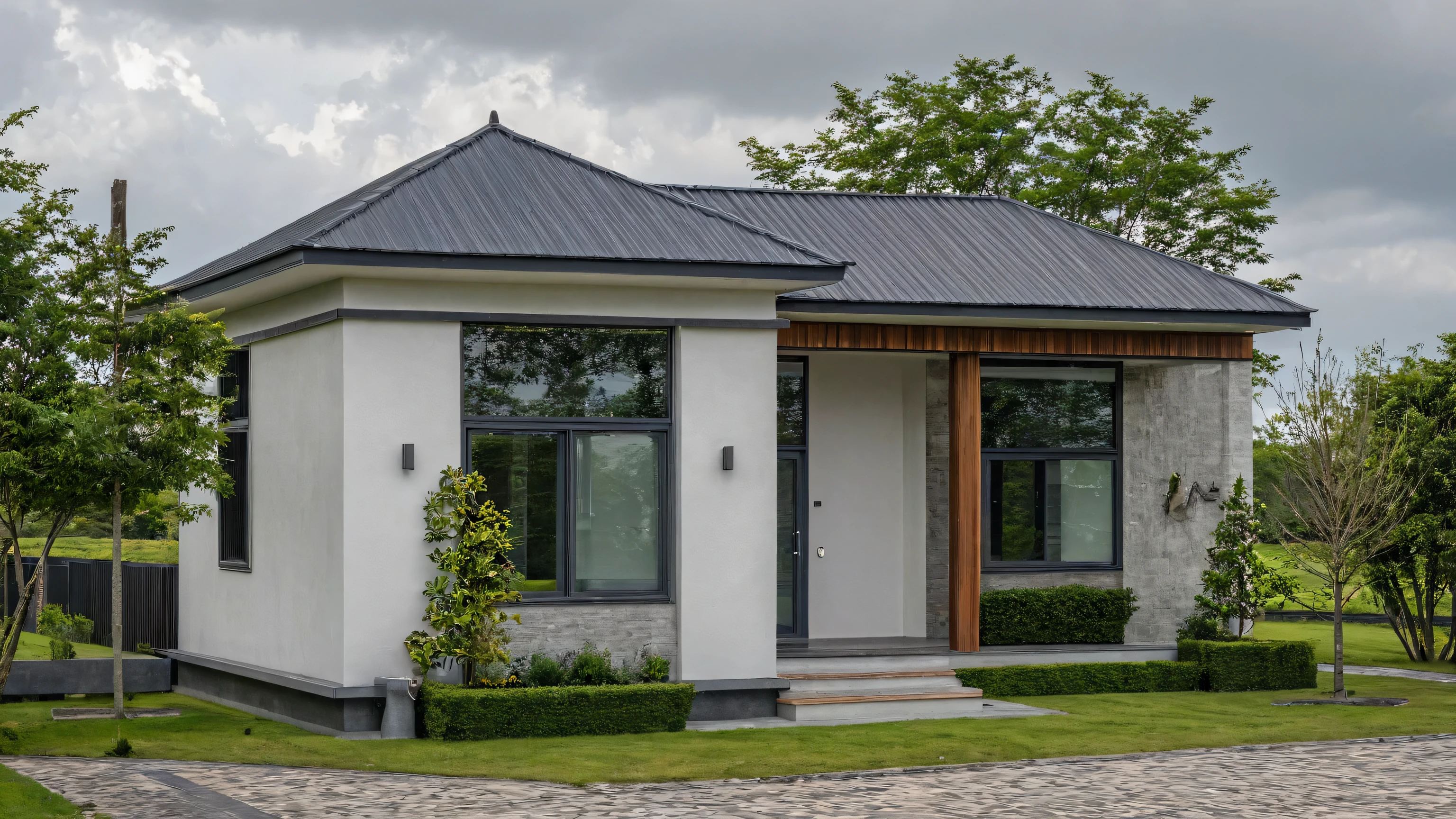 Masterpiece, high quality, best quality, authentic, super detail, outdoors, onestoreyvillaXL, aiaigroup, house style modern on the street ,stairs, white wall ,road,pavement, grass, trees, sky, cloud, (daylight:1.1)