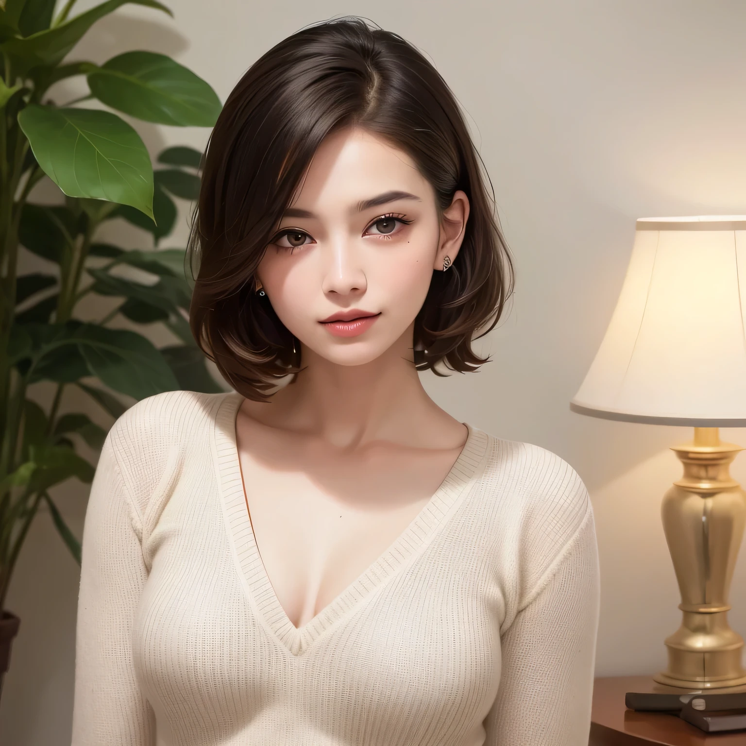 (best quality,highres,masterpiece:1.2),ultra-detailed,(realistic,photorealistic,photo-realistic:1.37),portraits,vivid colors,beautiful detailed eyes,beautiful detailed lips,elegant pose,dark green sweater,cream cargo pants,long black hair,cute ponytail,soft lips,blushing intensely,smiling, seductive gaze,medium chest,perfect body,shadows and highlights,vibrant lighting