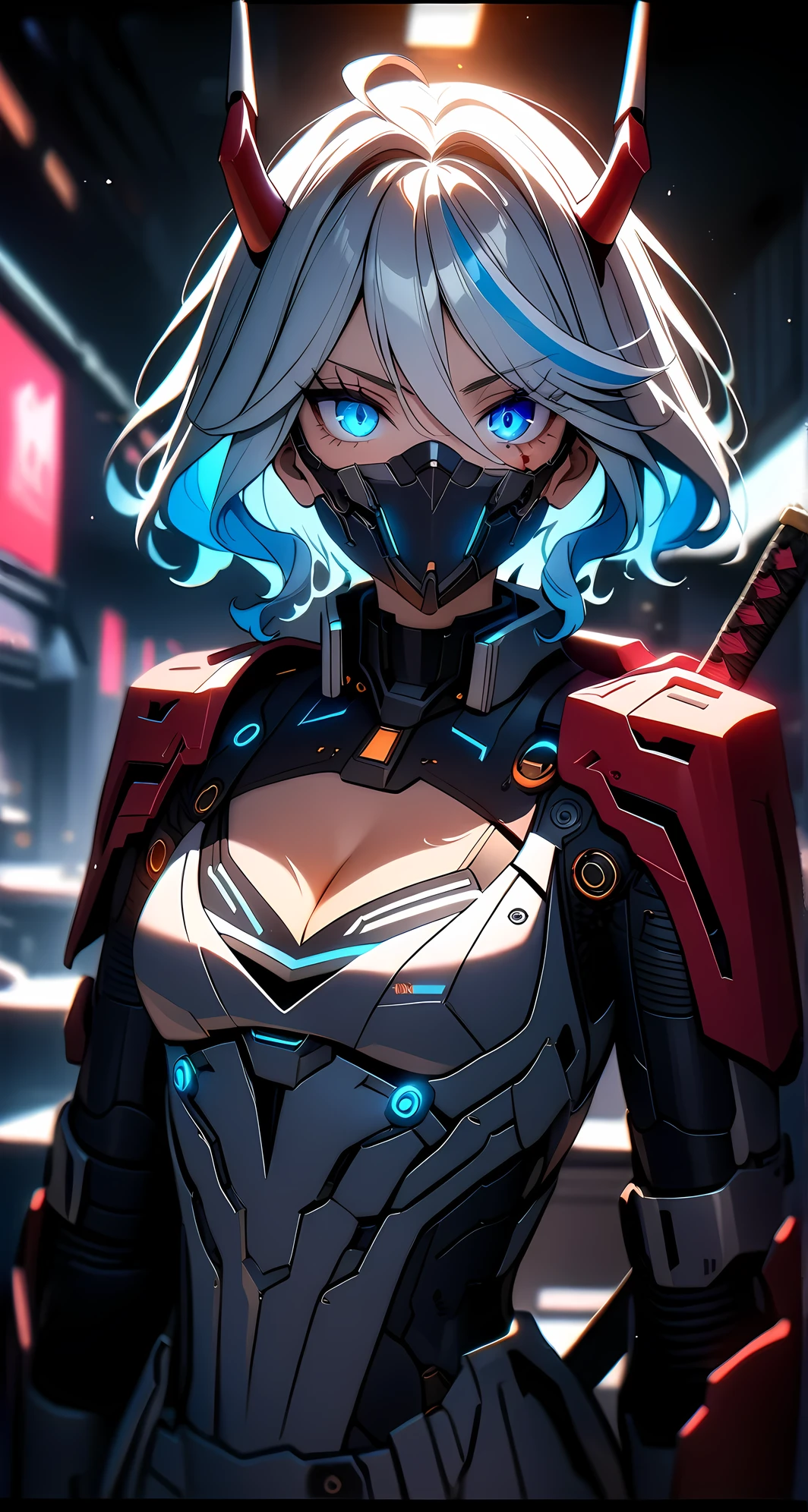 1 girl,furina, super detailed, (cybersamurai, cleavage, upper body, horns, armor, blurry, clothing cutout, mask, blurry background, science fiction, mouth mask, cyborg, cyberpunk, katana on back, katana handle sticking out behind back:1.3) (glowing simple black background:1.25), masterpiece, best quality, wide-angle Hyperdetailed, masterpiece, best quality, 8k, natural lighting, soft lighting, sunlight, HDR (High Dynamic Range), Maximum Clarity And Sharpness, Multi-Layered Textures,look at viewer,blood, evil