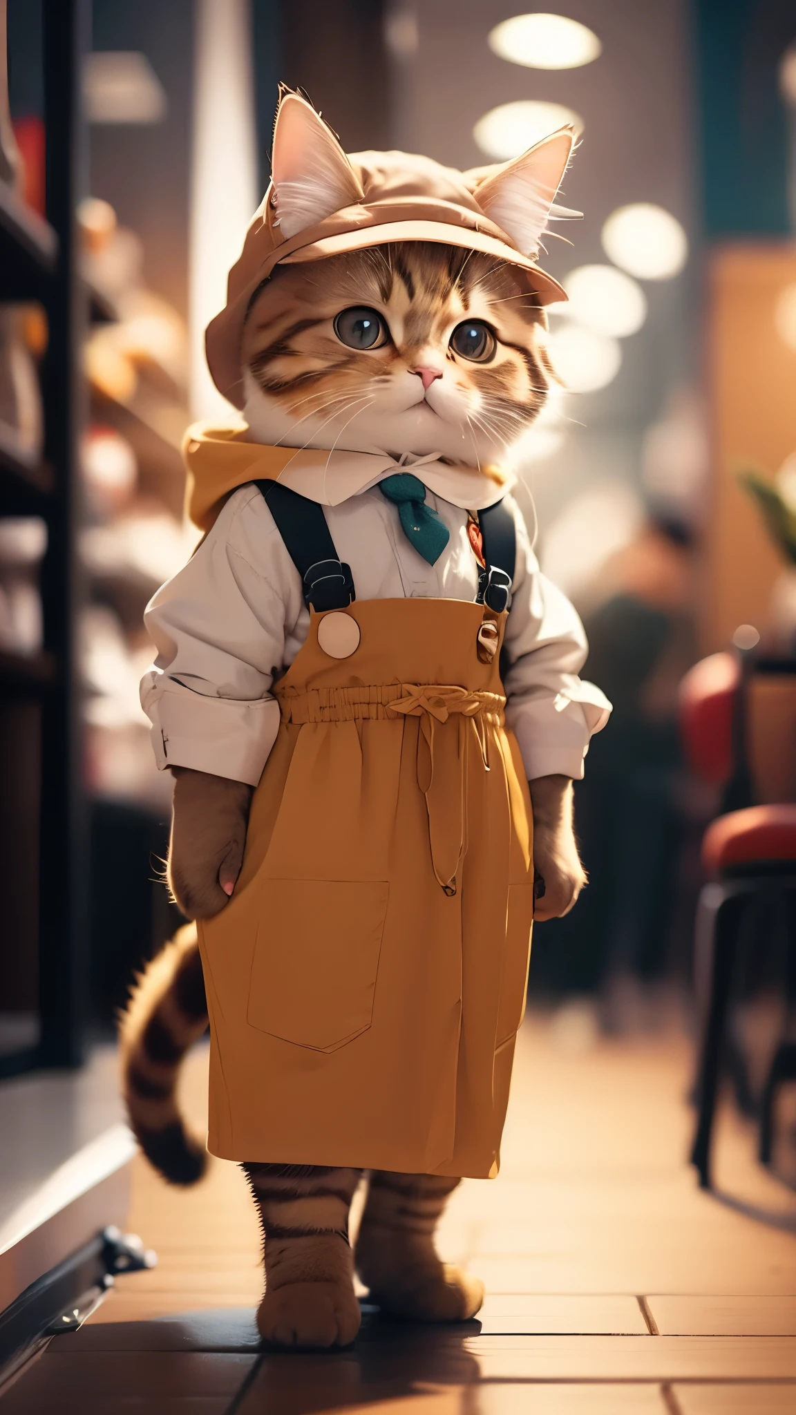 brown cat, masterpiece, high quality, Wearing stylish work clothes, Kodak 400, film grain,Highly detailed brown cat, high quality cat fur and features, 