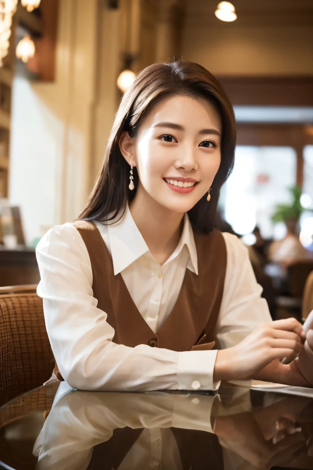 Beautiful model sitting in a coffee shop, smiling, elegant and dignified atmosphere, bright tones, soft atmosphere, warm and comfortable atmosphere, telephoto lens, soft light, positive film, GAN technology, Unity engine, 4K ultra-high definition. There is a delicate handbag on the table.