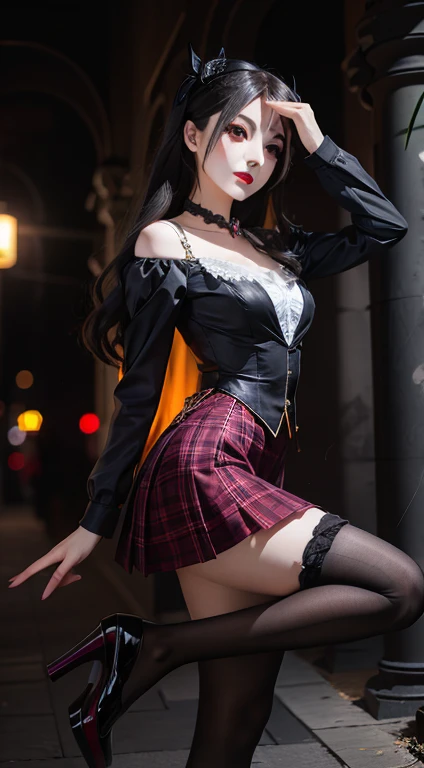 a very beautiful vampire girl, in a short skirt, stockings and high heels
