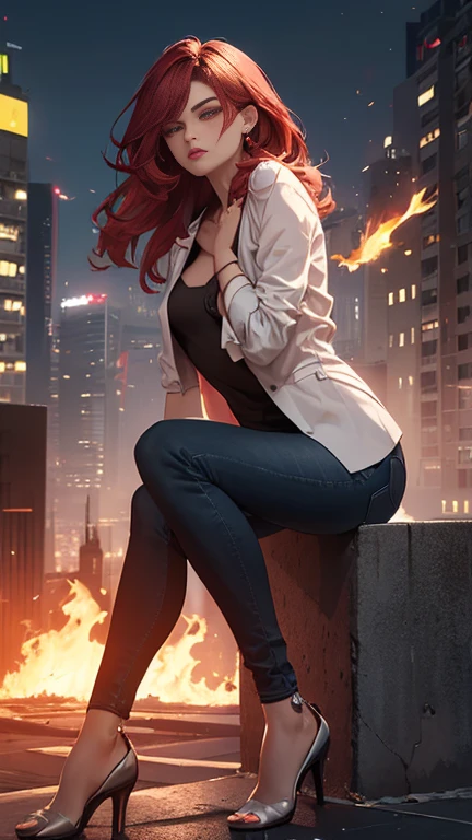 (altamente qualidade, obra de arte, detalhado), burning city detalhado scenario, burning city detalhado background, jeans cinza, cinto, jaqueta de couro vermelha, Descompactar, camisa preta, luvas, Phoenix symbol on chest, red leather pants, sitting on top of a building, umbigo, rosto perfeito, Olhos lindos, Olhando para o visualizador, pose sexy