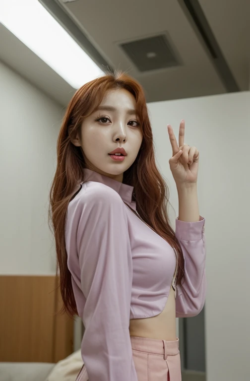 a woman with 2 fingers up ,Lee Da Hee