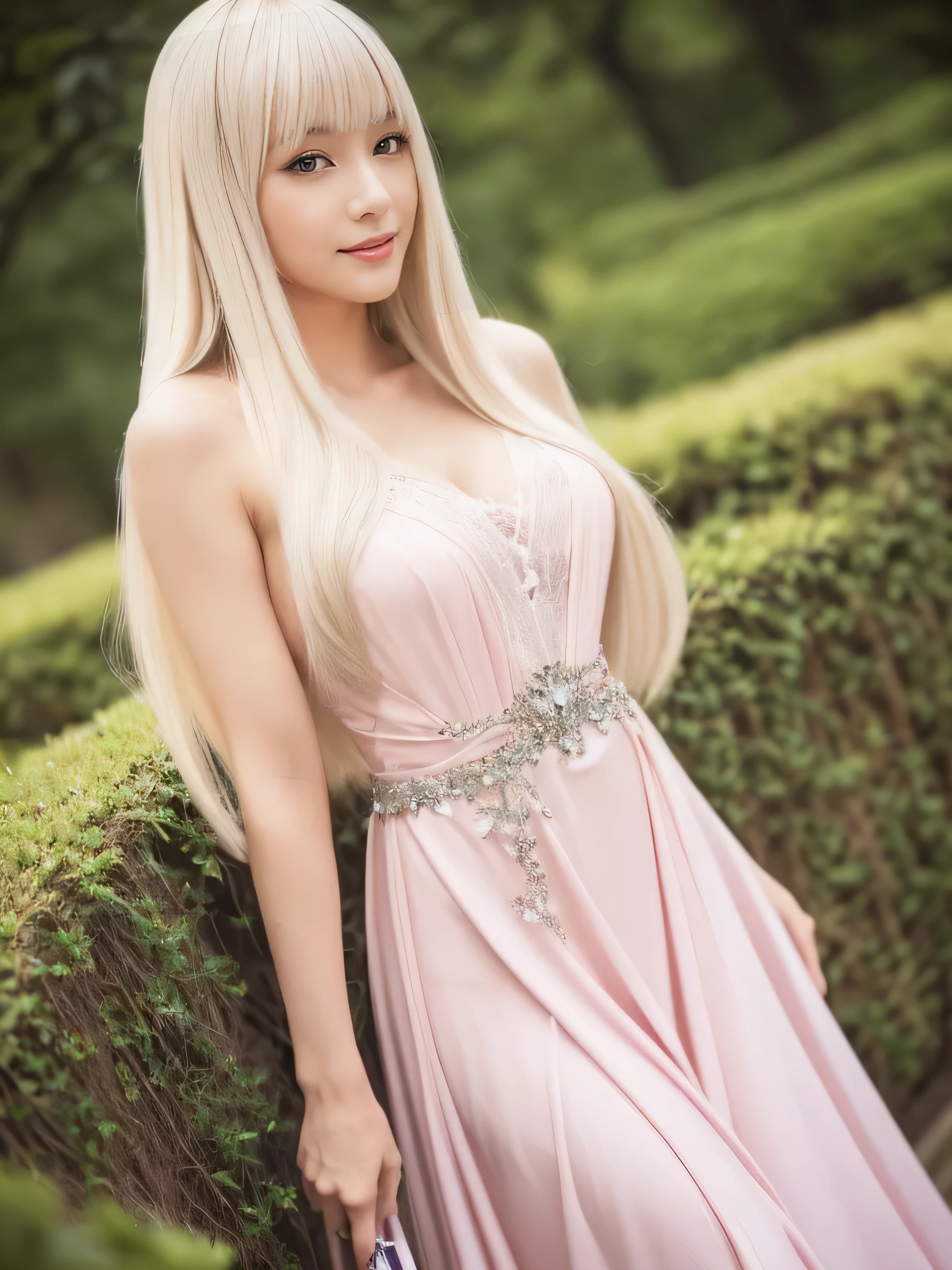 ((Above the knee shot)) (big 1.4) ((highest quality)), ((masterpiece)), (Get used to it), Perfect Face (1 girl) (Japanese) (She is 24 years old、The most beautiful fantasy girls in Japan) ((highest quality)), ((masterpiece)) ((The highest quality and the best details of her hair, which is incredibly curly and reaches down to her waist, is very shiny and glossy and has a lot of volume and shine, and her hair color is Platinum Blonde Hair.)) (Her bangs are beautiful and lush:1.3) (She has perfect beautiful makeup Lipstick is light red My liner is a beautiful black) Anatomically correct hand Thin fingers Anatomically correct five fingers Beautiful Japanese girl face, (Long Hair shiny Long Hair, length, ShinyPlatinum Blonde Hair , length, Her hair is long and straight, Super Long Hair girl, Silky Hair, Silky Hair, length, Flat Hair, Silky texture, Long Hair, length, Flowing, Platinum Blonde Hair, Thick and shiny hair) Anatomically correct、White beautiful human skin and detail of hands and fingers Beautiful Eyes Mouth Details the corners of the mouth rise slightly Cool look (The eyebrows are dark brown in color) (A woman in a pink dress standing in a random location in a fantasy world, dressed beautiful gown, Fantasy Dress, Magical Dress, soft elegant gown, gown, elegant and sophisticated, Wearing an elegant dress, Elegant and graceful, Wearing a luxurious dress, Pastel Pink, wearing an evening gown, Beautiful dress, beautiful gown, Romantic Dress, beautiful and elegant, So magical and dreamy) (Open your mouth:1.3) (She turns to the viewer and smiles sweetly...) (This is a random place in a fantasy world.:1.3) (She has a magic wand、Magical Healing Poses:1.5)