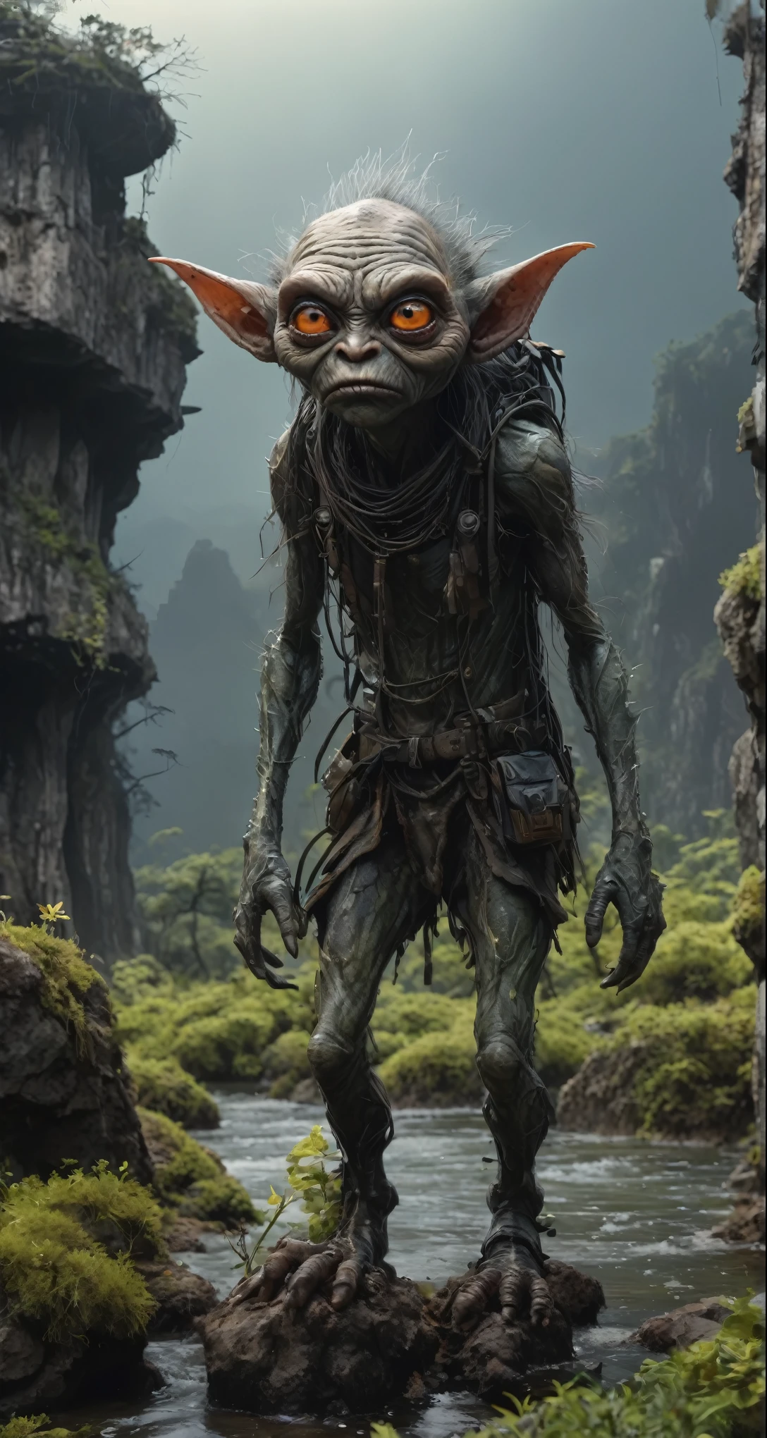 full-body-shot,Very tall , who can't fly,Cinematic, Technicolor,natural skin textures, hyper realisitc, hyper detailed,Extremely detailed,High contrast,Realistic,Chalsedoon goblin, back view,full body length,evil ghost,Hobgoblin,pretty face,intricate details,realistic humid skin,extremely intricate details,anatomically correct, eyes extremely detailed, high detailed eyes,High contrast,Ultra HD,Retina,HDR,photo,photorealism,Masterpiece, natural skin textures, hyper realism,hyper detailed,High contrast,(HDR:1.4),Realism,Ultra Detailed,irina yermolova, close full body shot,16K resolution,RAW, Nikon Z9,Paul Zizka,full body length,niobium goblin,native irish,pretty face,eyebrow up,full body shot,ominous landscape,niobium gray atmosphere,by art Simon Stalenhag,Nicola Samori,(((Wangechi Mutu))),prime colors,urban,extremely detailed,masterpiece,intricate details,faded,eyes extremely detailed, high detailed eyes,4k resolution,islands levitating above ground, Nikon Z9,scary village of stalkers,Stone Forest in Yunnan Province of China