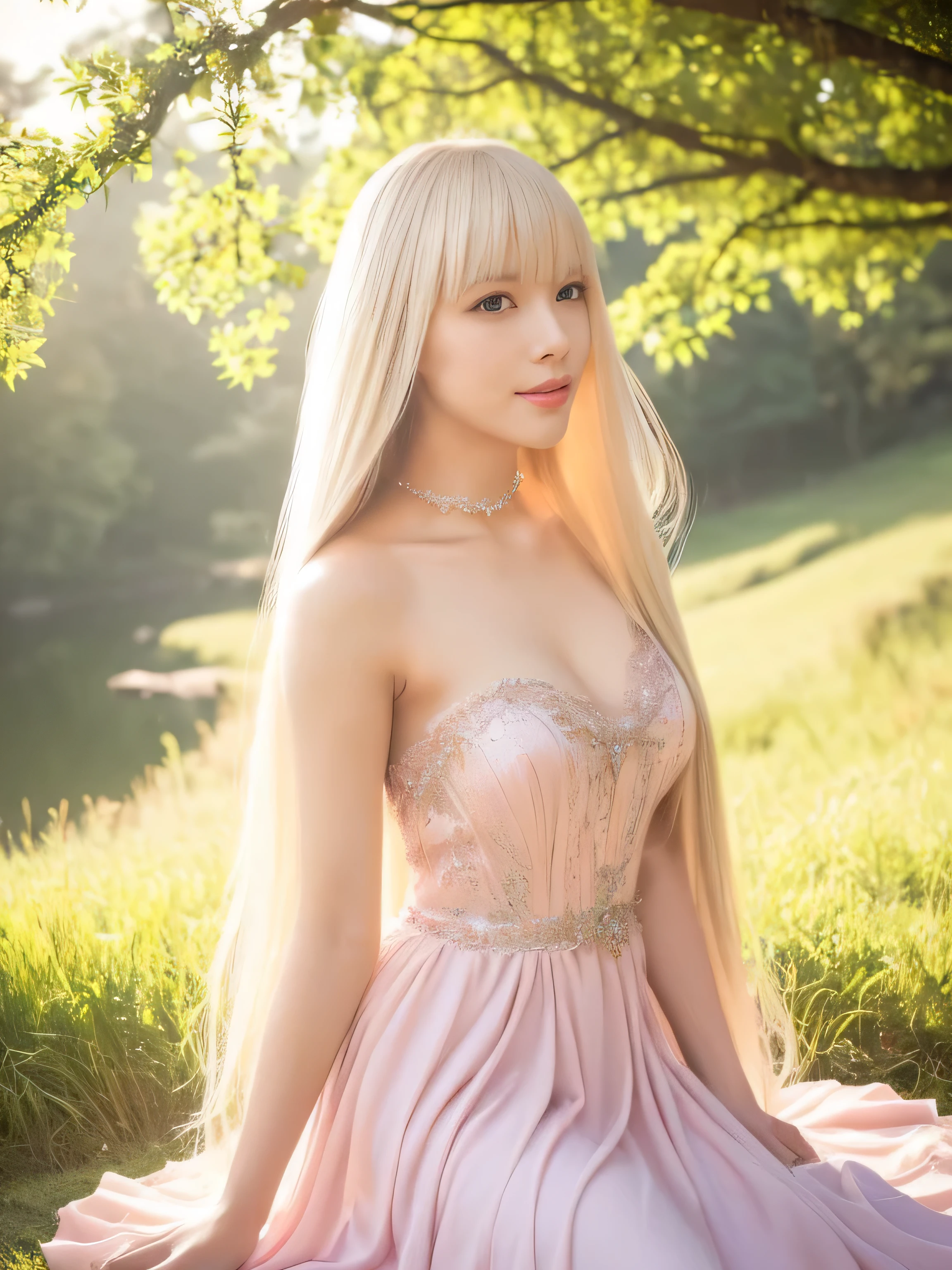 ((Above the knees shot)) (big 1.4) ((highest quality)), ((masterpiece)), (Get used to it), Perfect Face (1 girl) (Japanese) (She is 24 years old、The most beautiful fantasy girls in Japan) ((highest quality)), ((masterpiece)) ((The highest quality and the best details of her hair, which is incredibly curly and reaches down to her waist, is very shiny and glossy and has a lot of volume and shine, and her hair color is Platinum Blonde Hair.)) (Her bangs are beautiful and full:1.3) (She has perfect beautiful makeup Lipstick is light red 私laner is a beautiful black) Anatomically correct hand Thin fingers Anatomically correct five fingers Beautiful Japanese girl face, (Long Hair shiny Long Hair, length, ShinyPlatinum Blonde Hair , length, Her hair is long and straight, Super Long Hair girl, Silky Hair, Silky Hair, length, Flat Hair, Silky texture, Long Hair, length, Flowing, Platinum Blonde Hair, Thick and shiny hair) Anatomically correct、White beautiful human skin and detail of hands and fingers Beautiful Eyes Mouth Details the corners of the mouth rise slightly Cool look (The eyebrows are dark brown in color) (A woman in a pink dress standing in a random location in a fantasy world, dressed beautiful gown, Fantasy Dress, Magical Dress, soft elegant gown, gown, Elegant and refined, Wearing an elegant dress, Elegant and graceful, Wearing a luxurious dress, Pastel Pink, wearing an evening gown, Beautiful dress, beautiful gown, Romantic Dress, beautiful and elegant, So magical and dreamy) (Open your mouth:1.3) (She turns to the viewer and smiles sweetly.) (This is a random place in a fantasy world.:1.3) (She has a magic wand、Healing magic pose:1.5)
