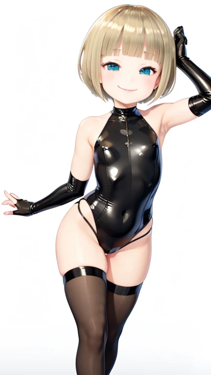 Blonde hair, short mash hair, turquoise eyes,A girl with impressive blonde hair、hair ornaments、short bob、hot pants、smile、dynamic pose, Showing armpits, hands behind head, nakedness, Black bondage suit、mocking smile、Small breasts、12age、The angle of view is from the front、The camera is from the front、looking at the camera、Standing footjob POV1.5,Sole、Barefoot standing footjob、look down