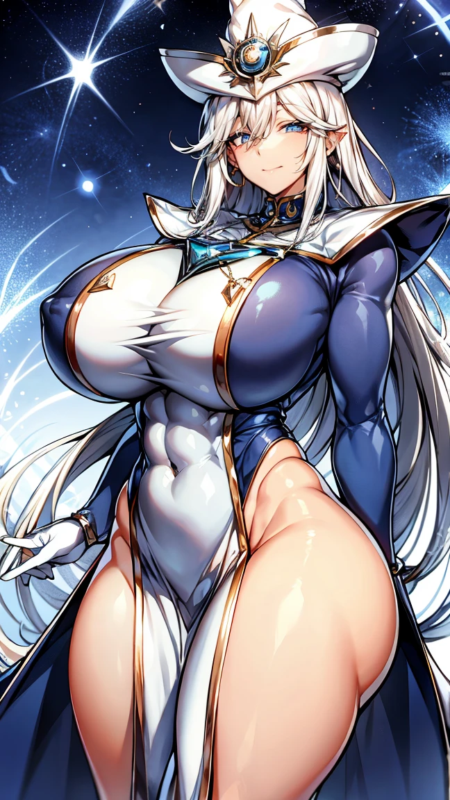 Silent magician, ropa apretada, poca piel visible, ((  ruborizada, sonrisa, oiled skin)),  pelo largo, cabello blanco, (( white hair)), sombrero blanco, Curvy body, abs, muscle, muscle girl, big sagging breast , monstruo de duelo, Iparuputsua, de pie en la entrada de un castillo, magic world background, mundo medieval .