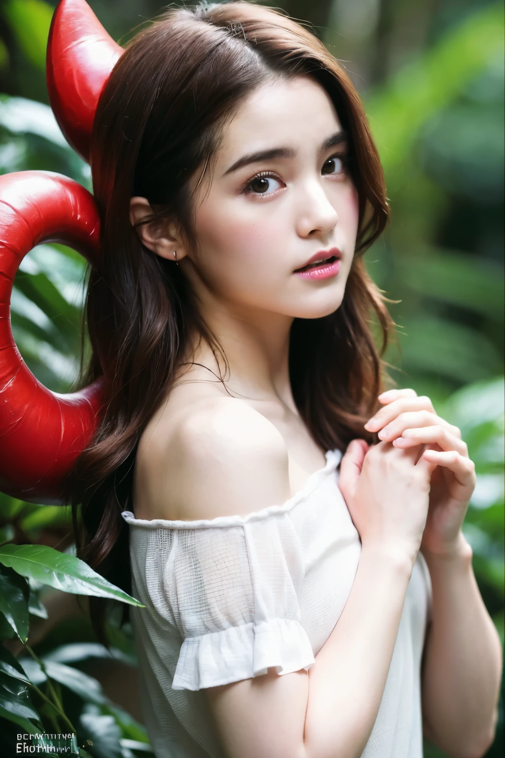 (8k, best quality, masterpiece, ultra highres:1.2) Photo of Pretty Japanese woman
 beautiful 3-D photograph kawaii female emma watson in resident Evil, (devil beautiful multidaigmind entity:1.36) in disney rainforest forest tarot card style, beautiful enchanting fashion contemporary painting with a