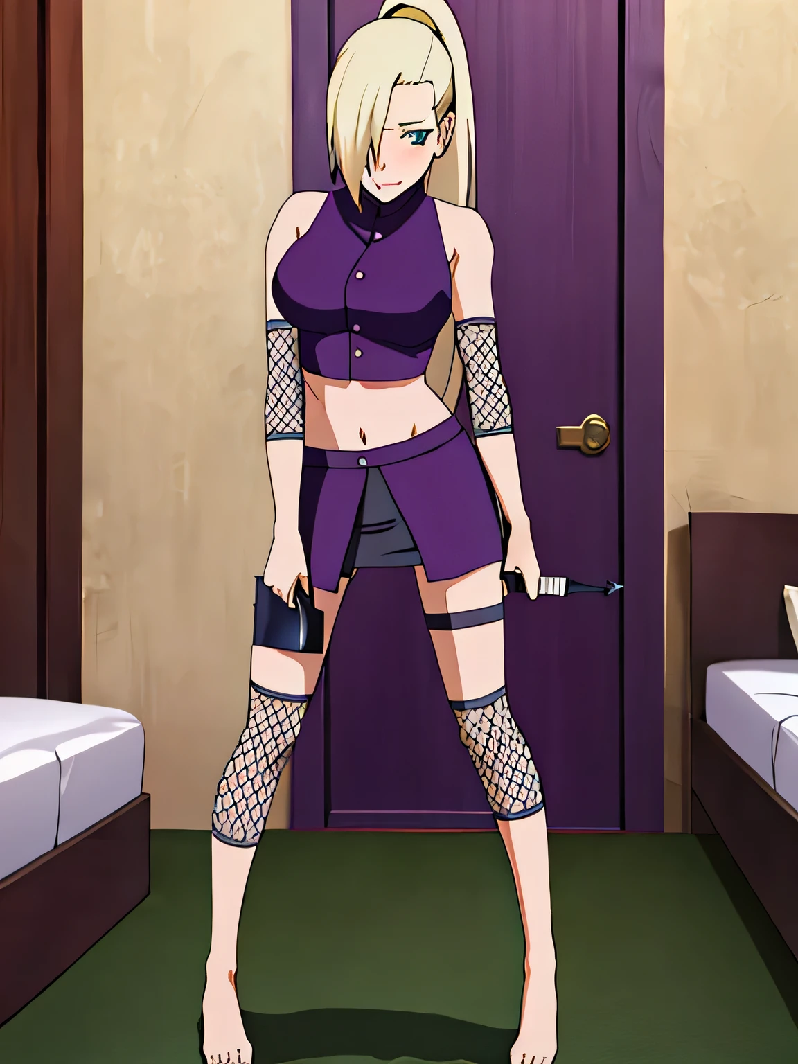 Ino Yamanaka, Ino Shippuden, green eyes,stand, full body, With breasts, Hard nipple,Hold on to your crotch tightly., condescending, hair on one eye, high ponytail, blue eyes, Masterpiece, alone, 1 girl, Sleeveless, purple crop top, fishnet, bare shoulders ,show กางเกงใน,bedroom,Clamp your legs tightly.,provoking,sexually aroused,blushing ,Water flows directly to the target.,pee,Lift up your pants,skirt handle