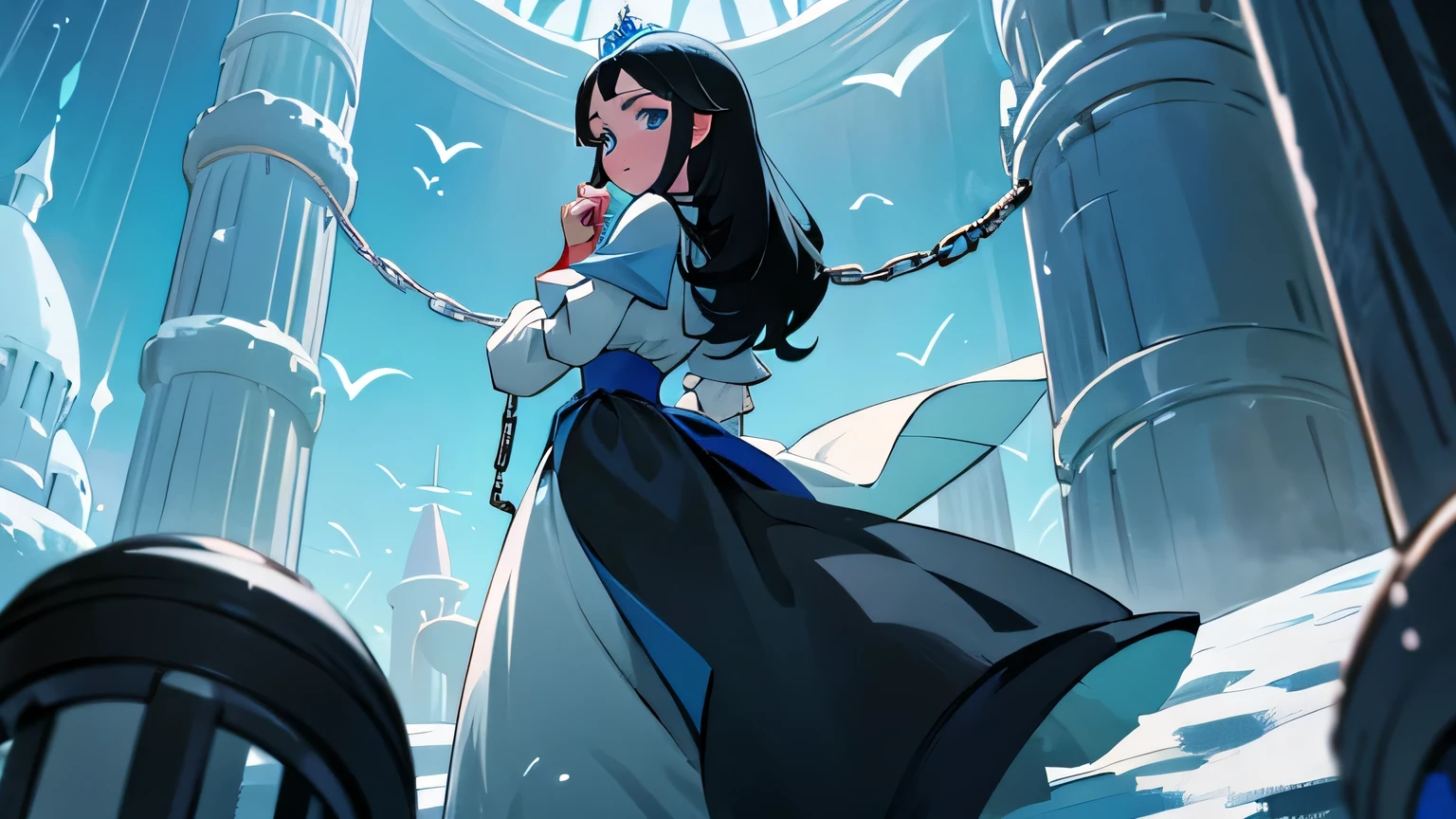 a princess with long black hair, sea blue eyes and snow white skin imprisoned in high tower, held in chains