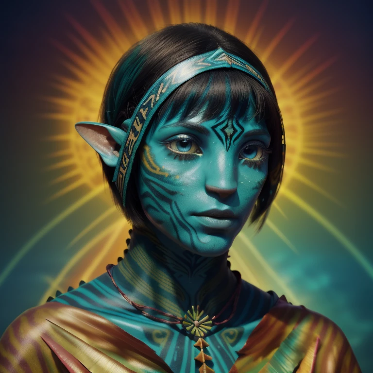 avatar style, (face portrait:1.6), naavi, 1girl, female, (blue eyes), (big eyes), ((eyebrowless)), pointy ears, (turquoise skin tone:1.0), (straight hair:1.0), brown hair color, ((pixie cut hair)), (young adult), 18 years old, face wrinkles, ((wearing colorful tribal clothing)), (wearing tribal acessories), detailed eyes, toned body, muscled body, vibrant colors, glowing, ethereal atmosphere, surrealistic dreamy lighting, textured skin, otherworldly beauty, mesmerizing photography, (best quality, highres), vivid colors, ultrarealistic, skin details, striped skin, sfw, face close-up:0.5, ultradetailed body, ((turquoise skin)), dark background, night time, AvTsireya