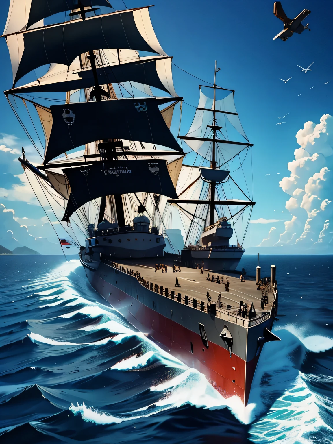 Battleship, pirates, Ship, sailors vs pirates, ocean in the background, Epic, danger