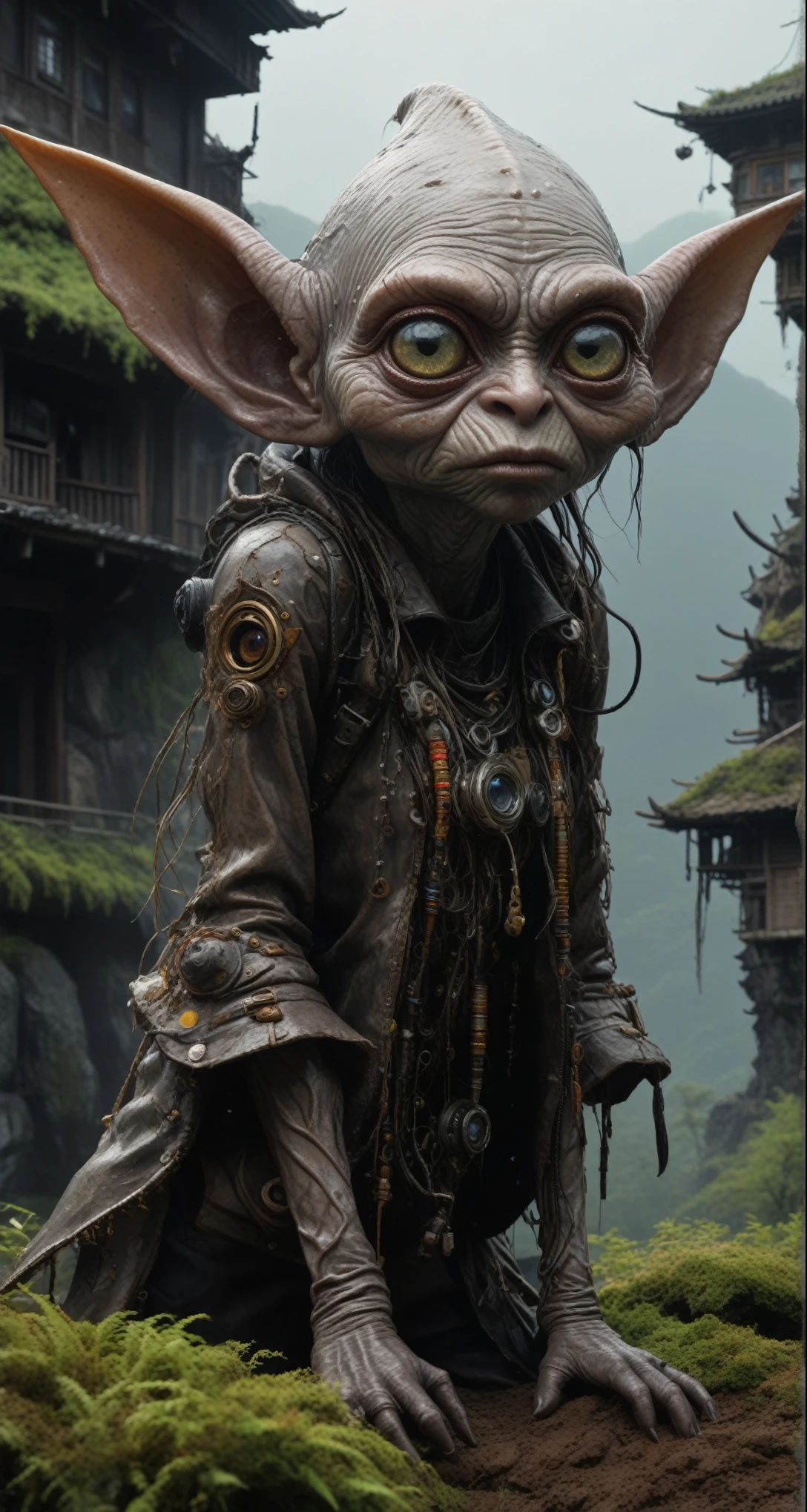 full-body-shot,Very tall , who can't fly,Cinematic, Technicolor,natural skin textures, hyper realisitc, hyper detailed,Extremely detailed,High contrast,Realistic,Chalsedoon goblin, back view,full body length,evil ghost,Hobgoblin,pretty face,intricate details,realistic humid skin,extremely intricate details,anatomically correct, eyes extremely detailed, high detailed eyes,High contrast,Ultra HD,Retina,HDR,photo,photorealism,Masterpiece, natural skin textures, hyper realism,hyper detailed,High contrast,(HDR:1.4),Realism,Ultra Detailed,irina yermolova, close full body shot,16K resolution,RAW, Nikon Z9,Paul Zizka,full body length,niobium goblin,native irish,pretty face,eyebrow up,full body shot,ominous landscape,niobium gray atmosphere,by art Simon Stalenhag,Nicola Samori,(((Wangechi Mutu))),prime colors,urban,extremely detailed,masterpiece,intricate details,faded,eyes extremely detailed, high detailed eyes,4k resolution,islands levitating above ground, Nikon Z9,scary village,stalker,Stone Forest in Yunnan Province of China