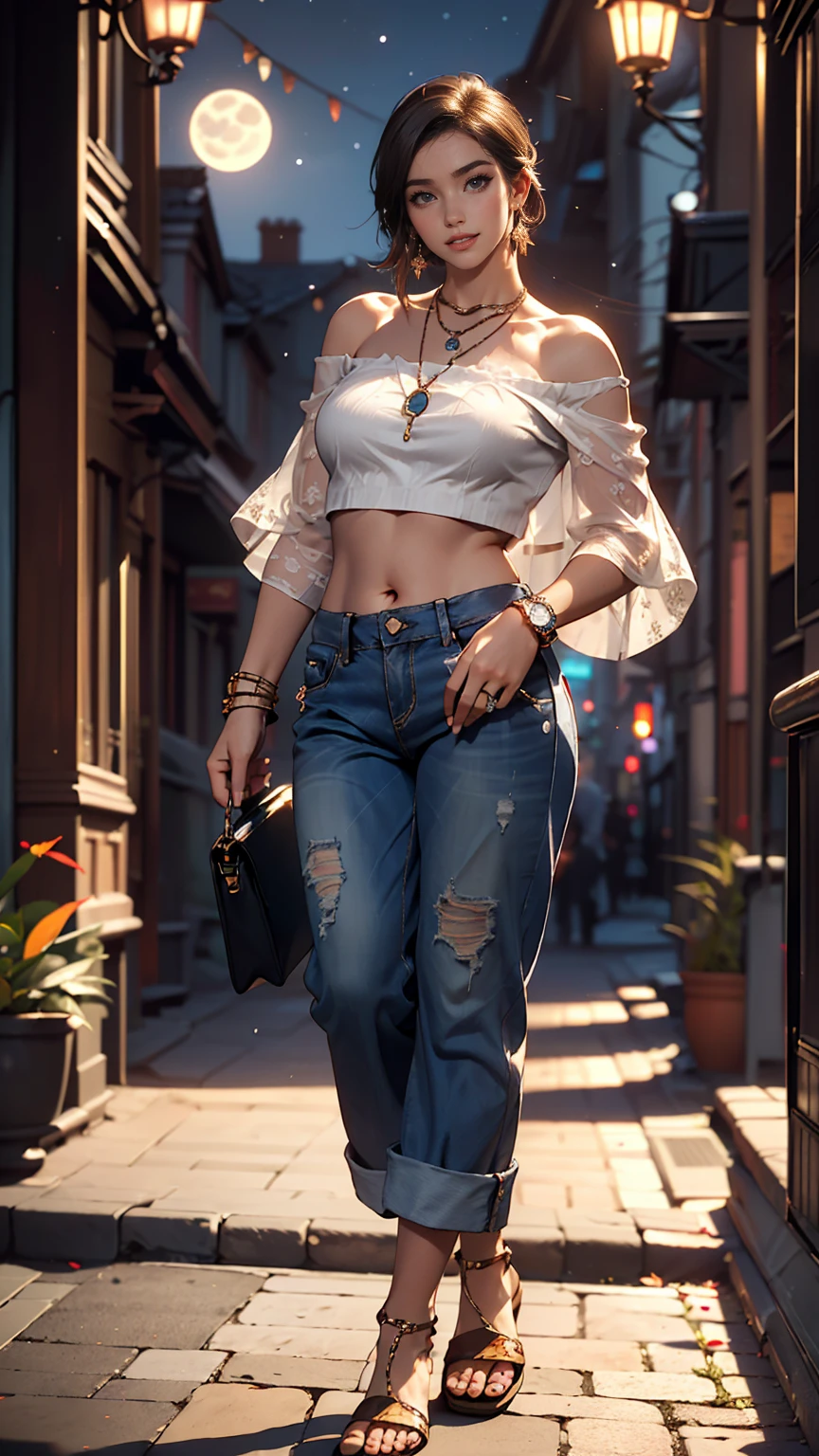 (8K, RAW Photos, highest quality, masterpiece:1.2), (Realistic, photo-Realistic:1.37)、Earrings, eyelash, pantyhose、セクシーな刺激的なsmile、 (Shiny skin:1.05)、Venus Body、Having her hair done、My chest is popping out、Wear accessories on your wrist、Wearing accessories on the ankle、Background blur((depth of field)、smile、23 year old white female、Brunette、blue eyes、Wear a sheer, off-the-shoulder top、I can see my belly button、See-through pantaloons((pantalon))、Wearing Sandals、The moonlight is beautiful