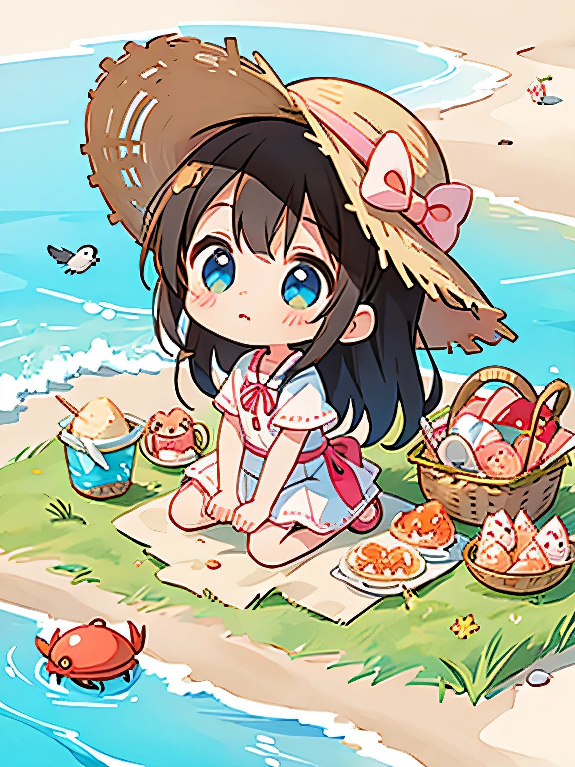 Ai Yazawa Style, Kawaii Design, most beautiful girl ever、Chibi, Straw hat、Lots of friends、birdie、picnic、Summer beach, crab、shell
