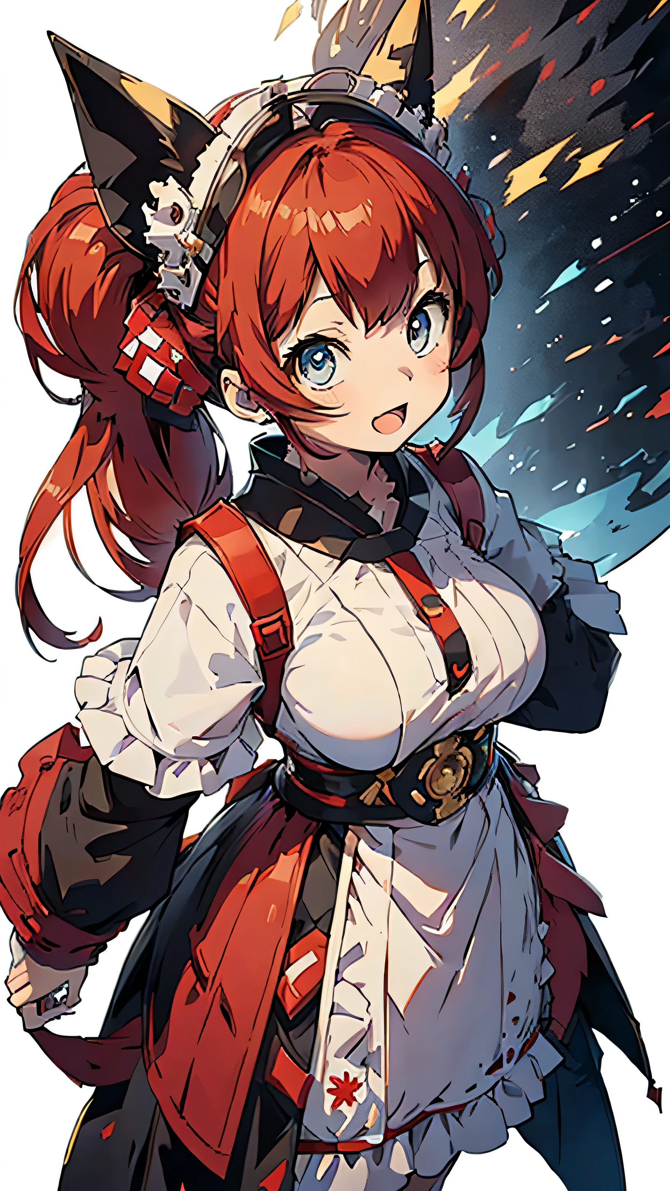 Shot from the front, front view, white background, one girl, only, mouth wide open,full body,fullbody,1girl,red hair,long hair,red and blue odd eyes,smile,simple background,drill twin tail,ahoge,white background,large breasts,long skirt,black frill,Japanese style dress,wide sleeves,open mouth,anime girl, cheeky smile, beautiful anime , young female visual anime, very cute anime girl face, best anime girl