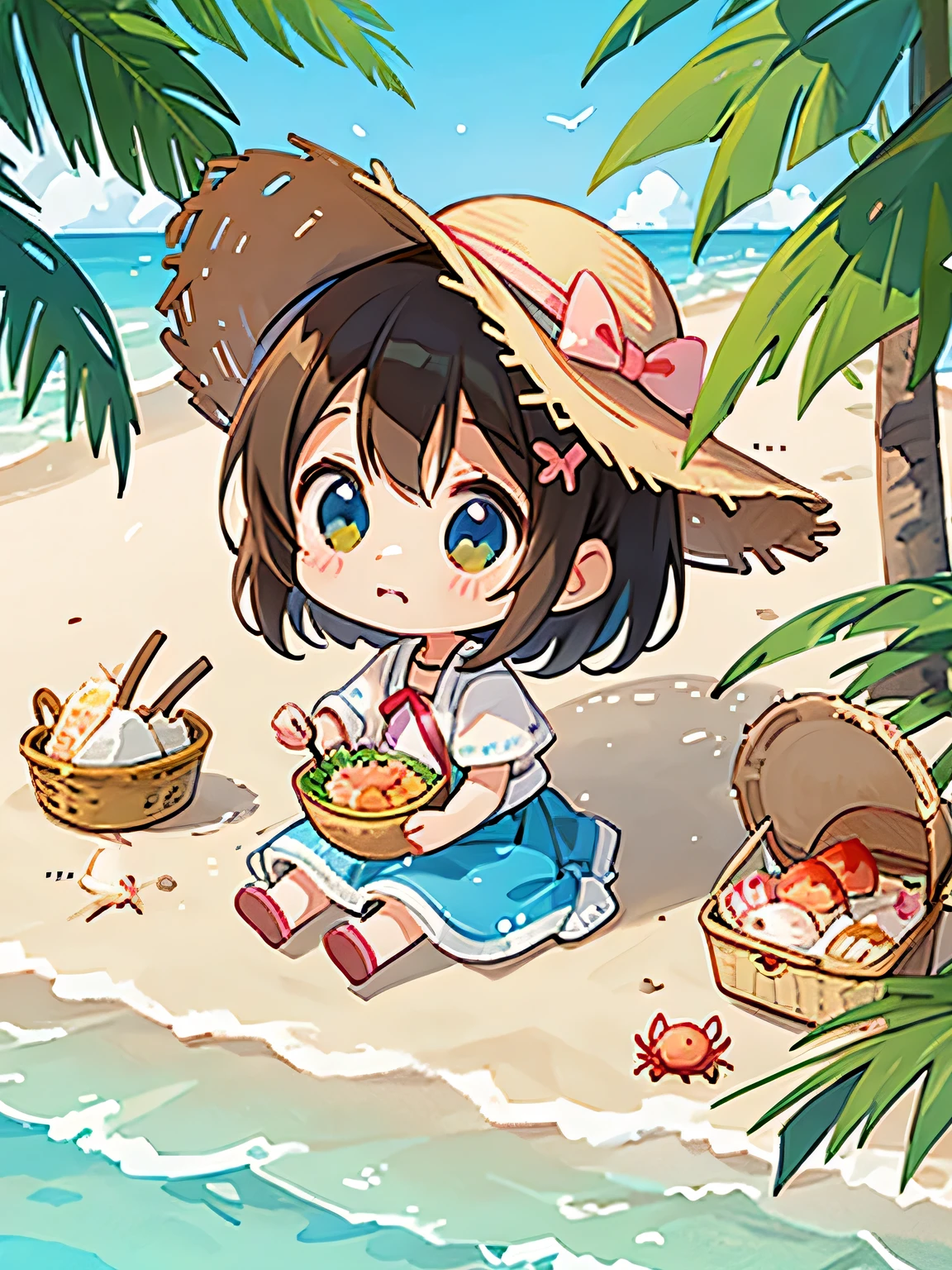 Ai Yazawa Style, Kawaii Design, most beautiful girl ever、Chibi, Straw hat、Lots of friends、birdie、picnic、Summer beach, crab、shell